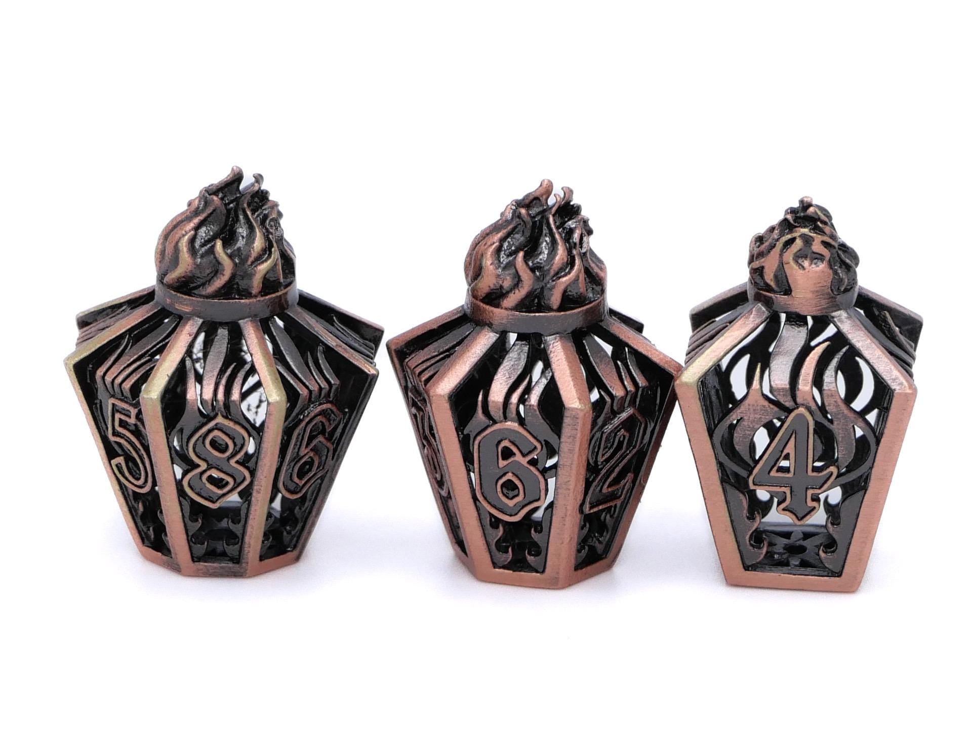 Flame Bottle Hollow Metal DnD Dice Set: 7 Piece Lantern RPG Dice