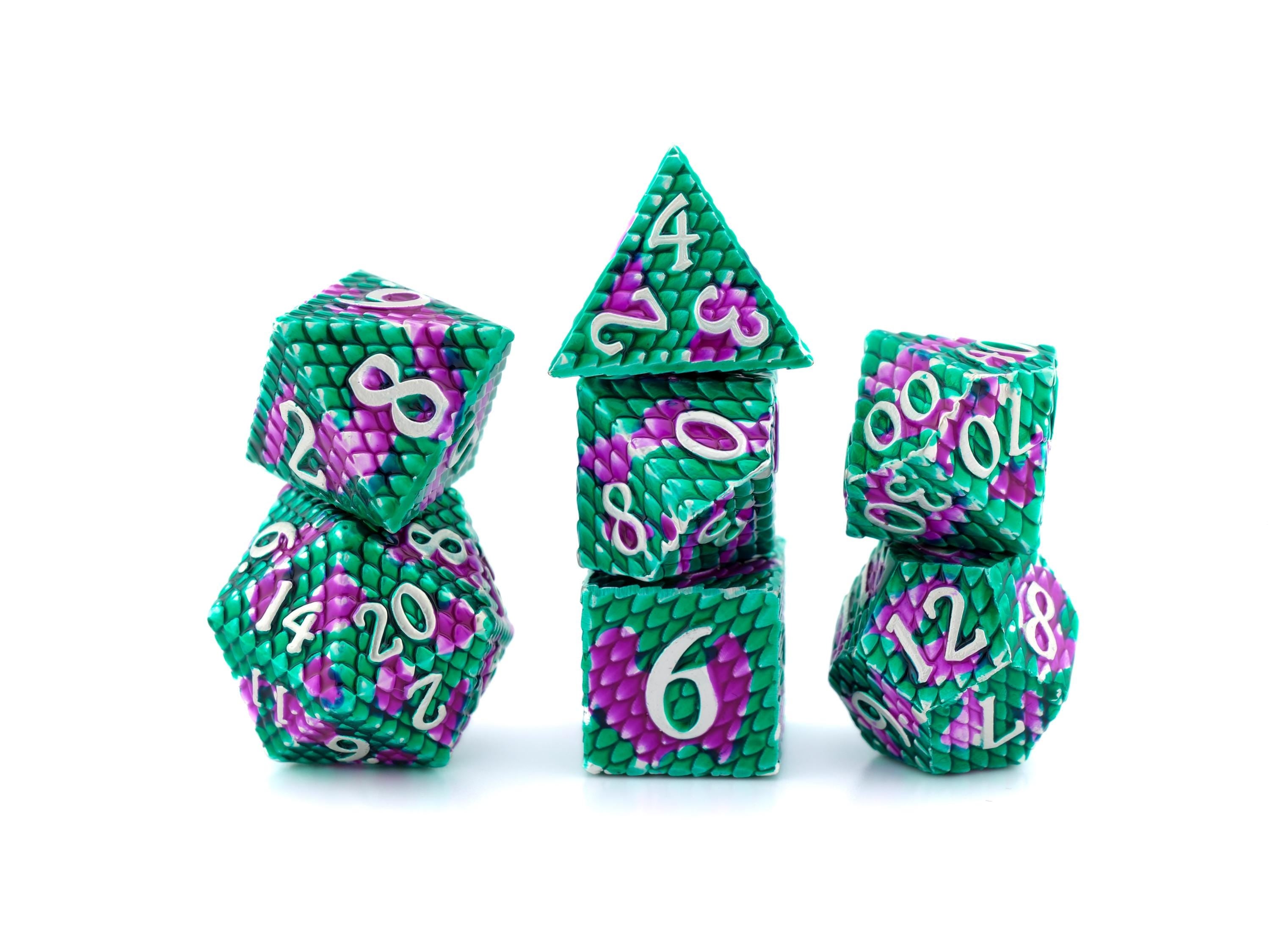 Dragon Scale Metal DnD Dice Set: 7 Piece Textured RPG Dice