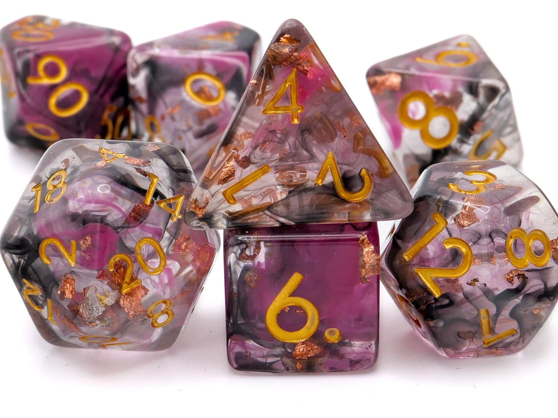 Nebula Resin DnD Dice Set: Swirled Colors, Copper Foil - 7 Piece RPG Dice