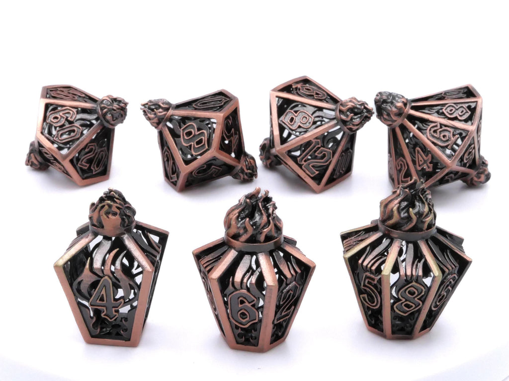 Flame Bottle Hollow Metal DnD Dice Set: 7 Piece Lantern RPG Dice