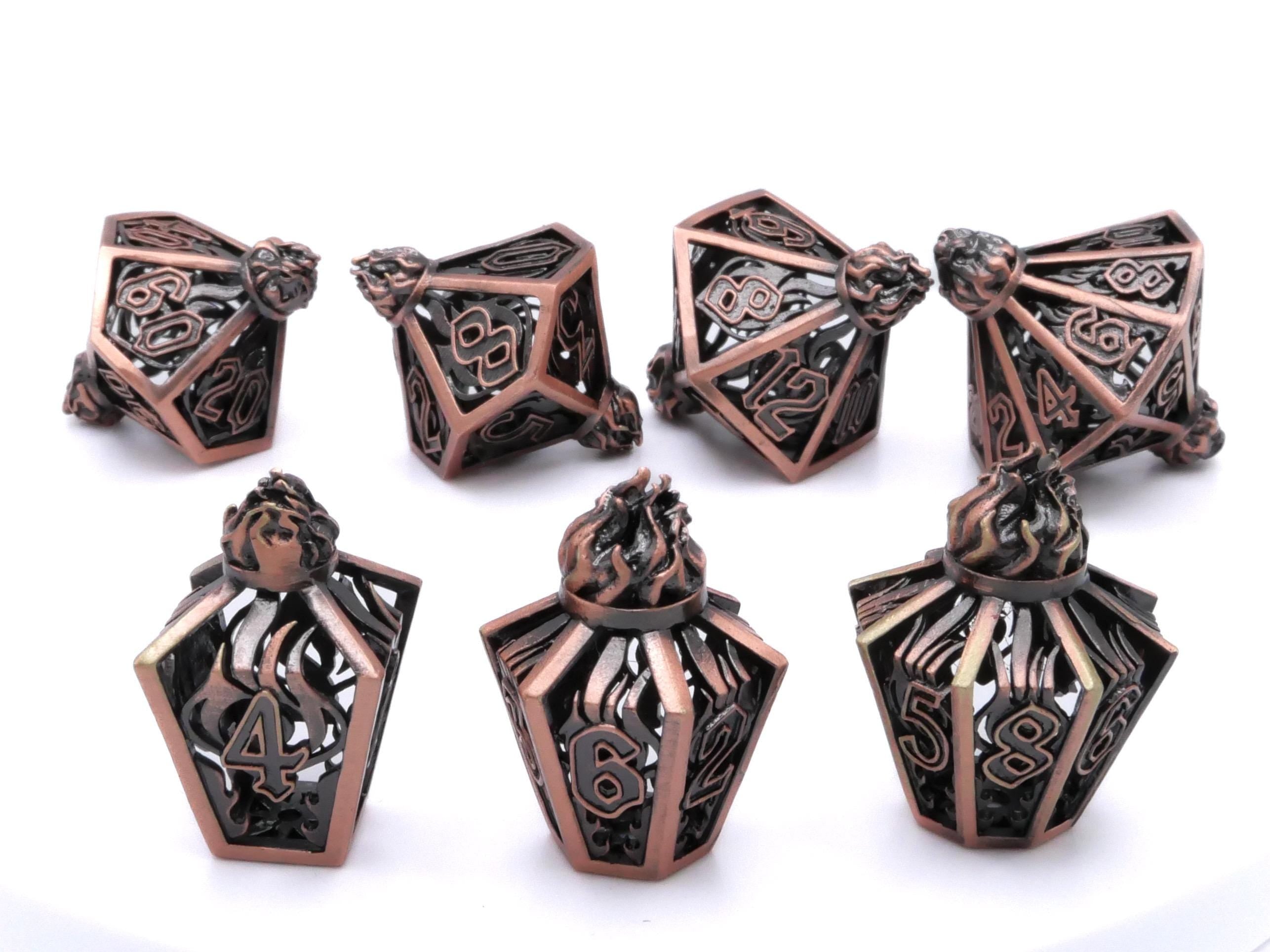 Flame Bottle Hollow Metal DnD Dice Set: 7 Piece Lantern RPG Dice