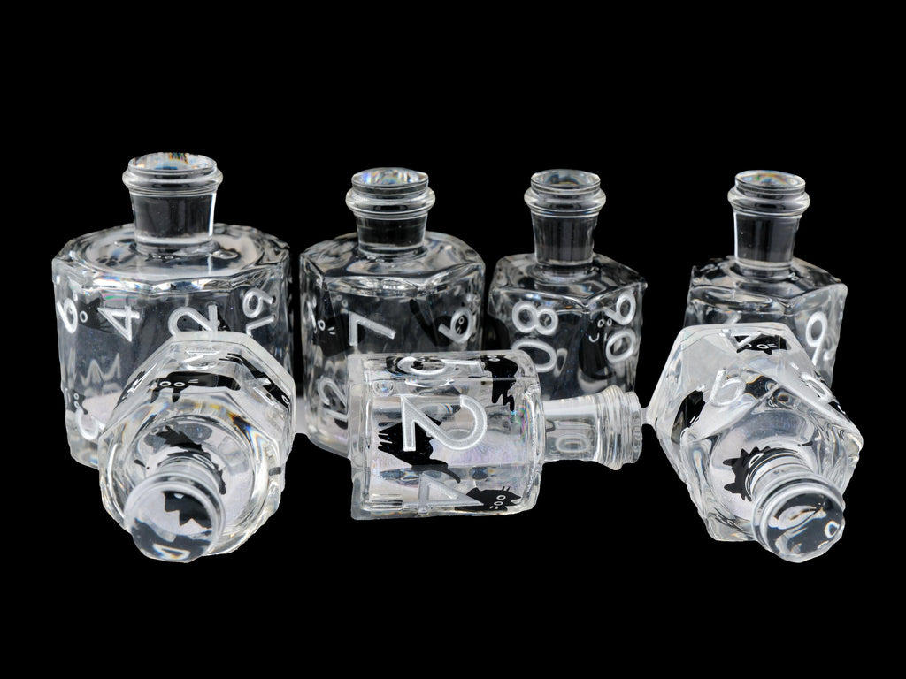 Cat Potion Bottle Liquid Core DnD Dice Set | 7 Piece RPG Dice | Black Kitty | Magical Liquid | Dungeons & Dragons | Tabletop RPG | Nerdy Gif