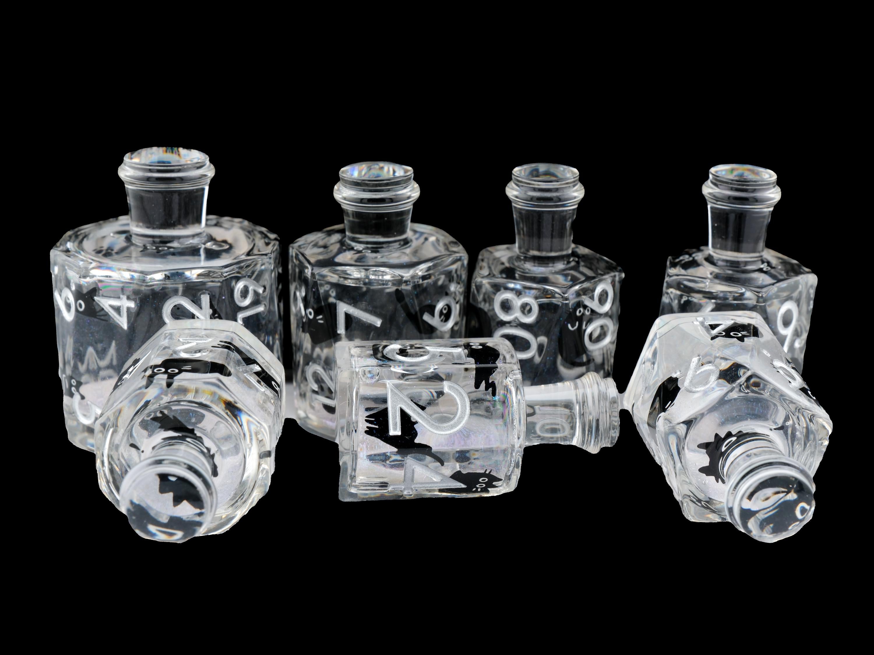 Cat Potion Bottle Liquid Core DnD Dice Set | 7 Piece RPG Dice | Black Kitty | Magical Liquid | Dungeons & Dragons | Tabletop RPG | Nerdy Gif