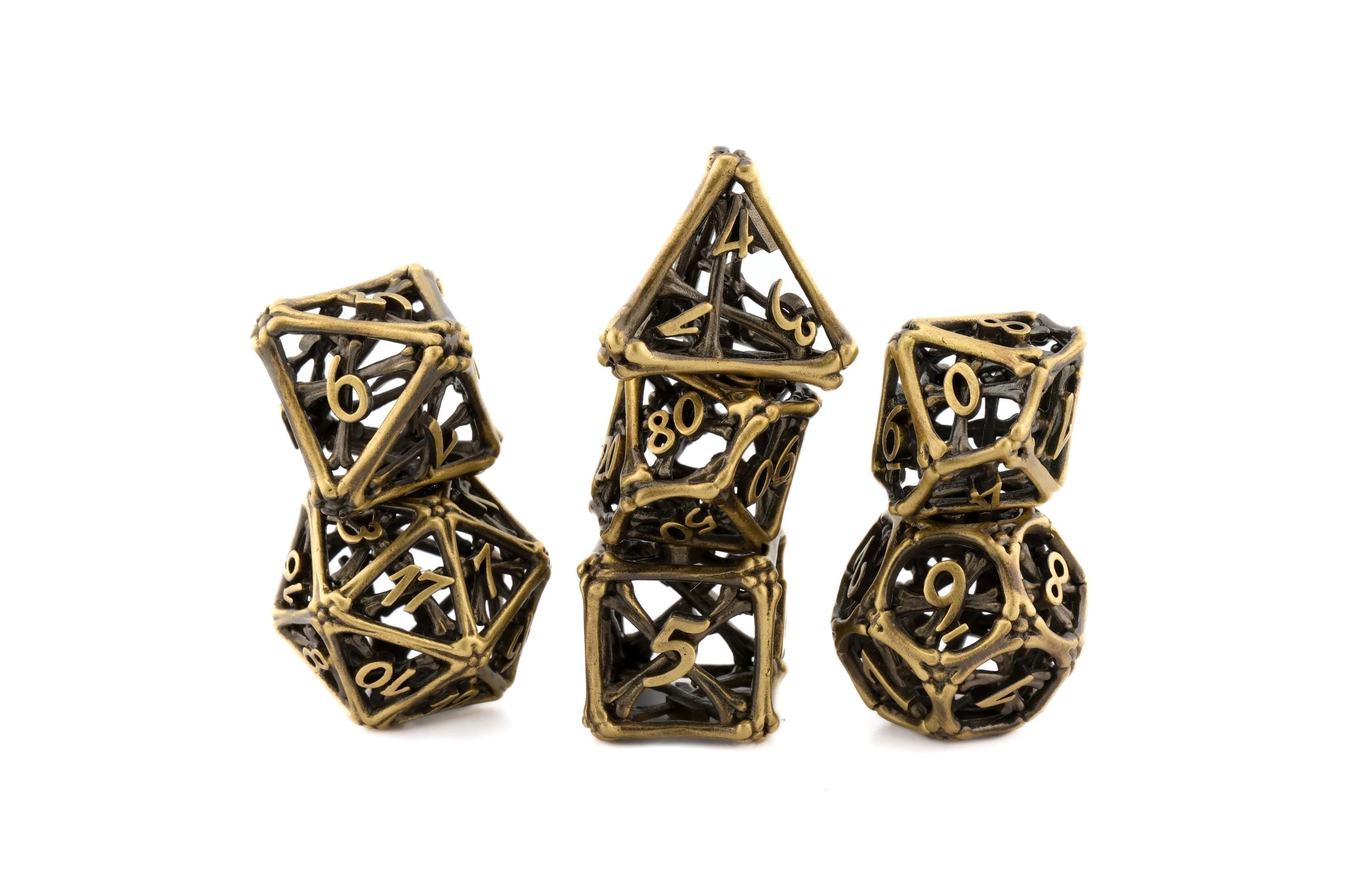 Graveyard Bones Metal Hollow DnD Dice Set: 7 Piece Skeletal Themed RPG Dice