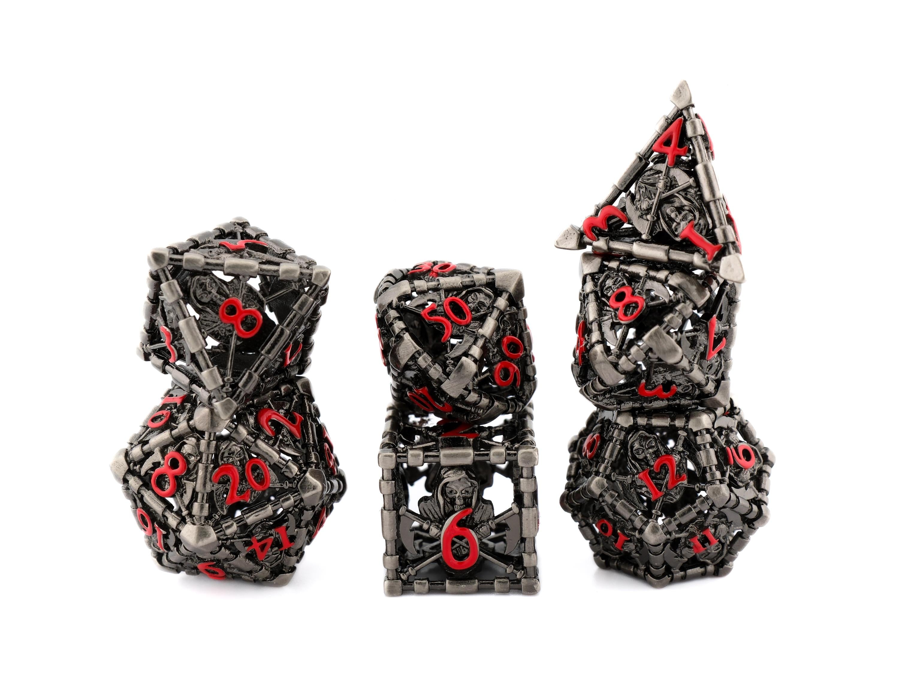 Grim Reaper Hollow Metal DnD Dice | 7 Piece RPG Dice Set | 4 Colors | Death Scythe Dice | Dungeons & Dragons | Tabletop RPG | Gamer Gift