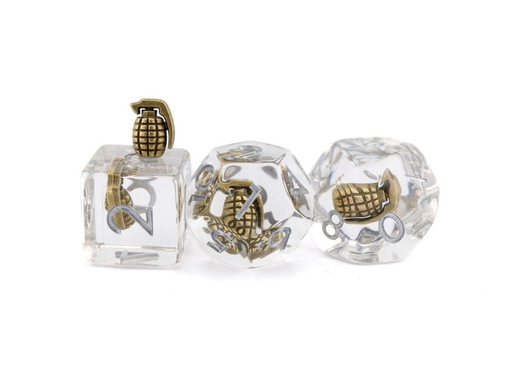 Grenade Resin DnD Dice Set | 7 Piece RPG Dice | Thrown Explosive Dice Set | Weapon Theme | Dungeons & Dragons | Tabletop RPG | Nerdy Gift
