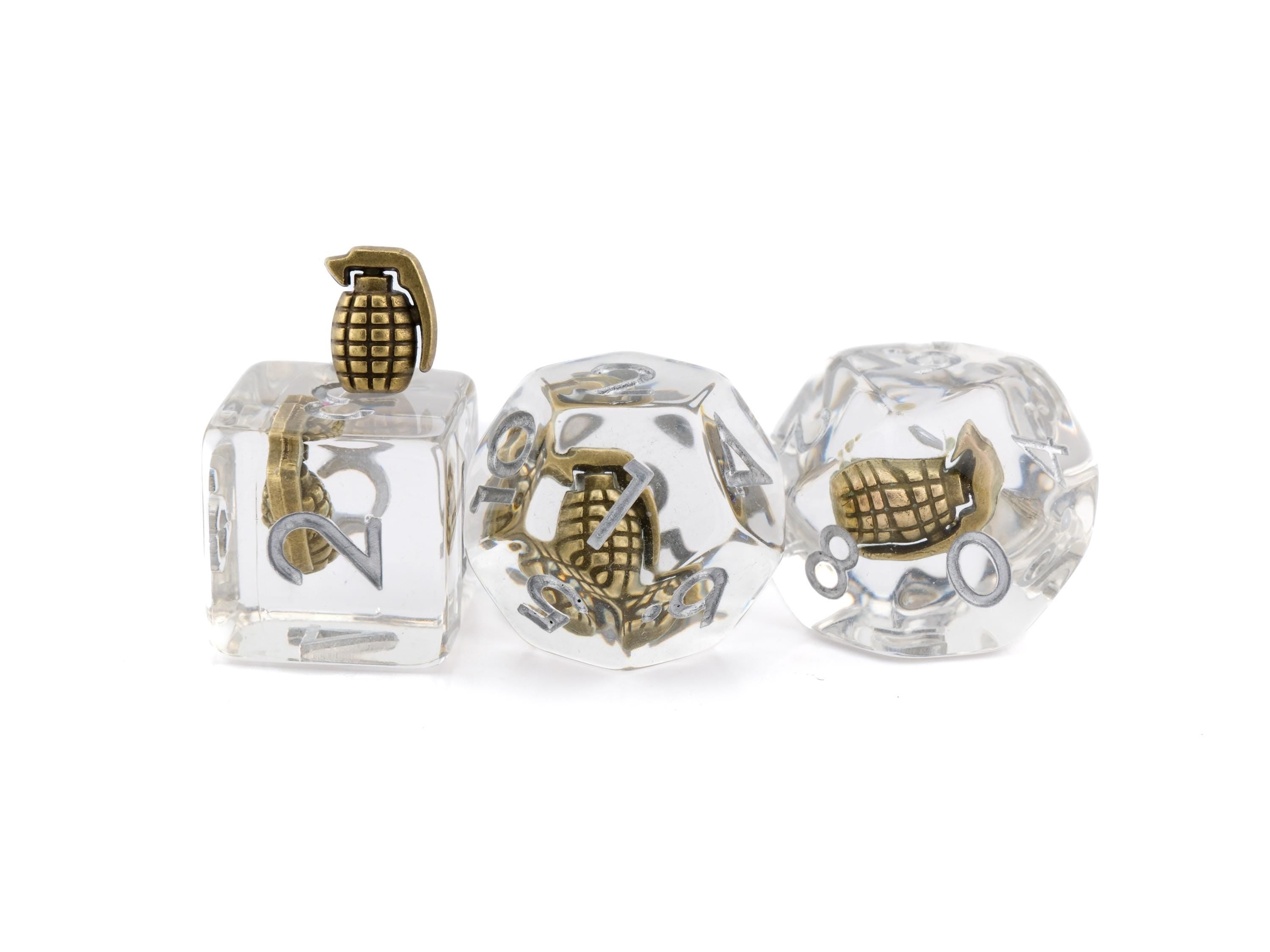 Grenade Resin DnD Dice Set | 7 Piece RPG Dice | Thrown Explosive Dice Set | Weapon Theme | Dungeons & Dragons | Tabletop RPG | Nerdy Gift