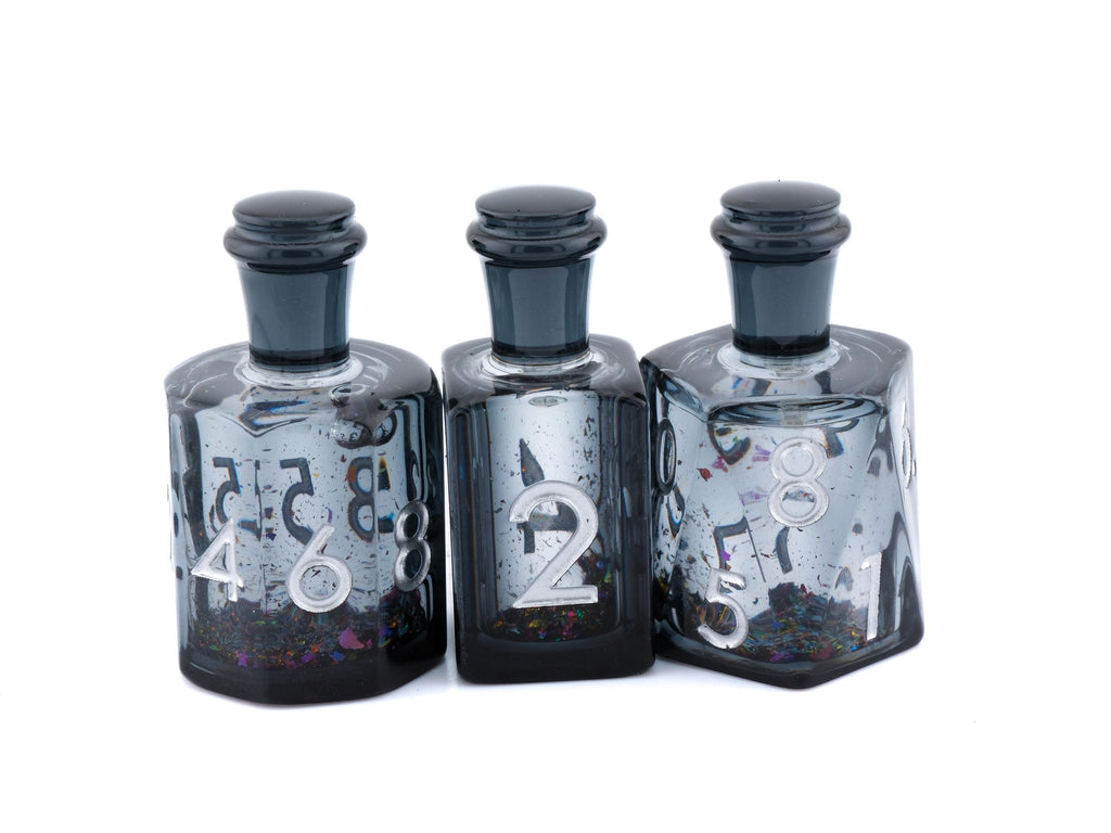 Onyx Potion Bottle Resin Liquid Core DnD Dice Set: 7-Piece Void RPG Dice