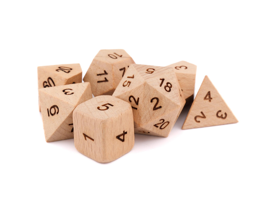Beech Wood DnD Dice Set: Engraved 7-Piece RPG Dice