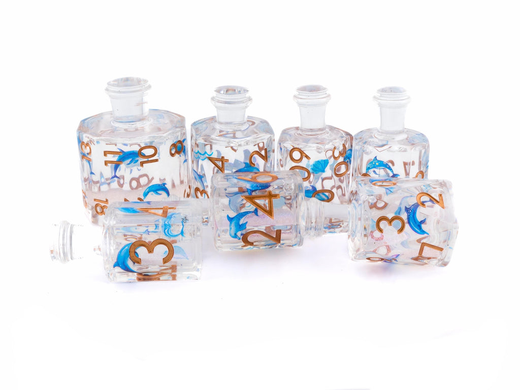 Dolphin Potion Bottle Resin Liquid Core DnD Dice Set: 7-Piece Animal RPG Dice