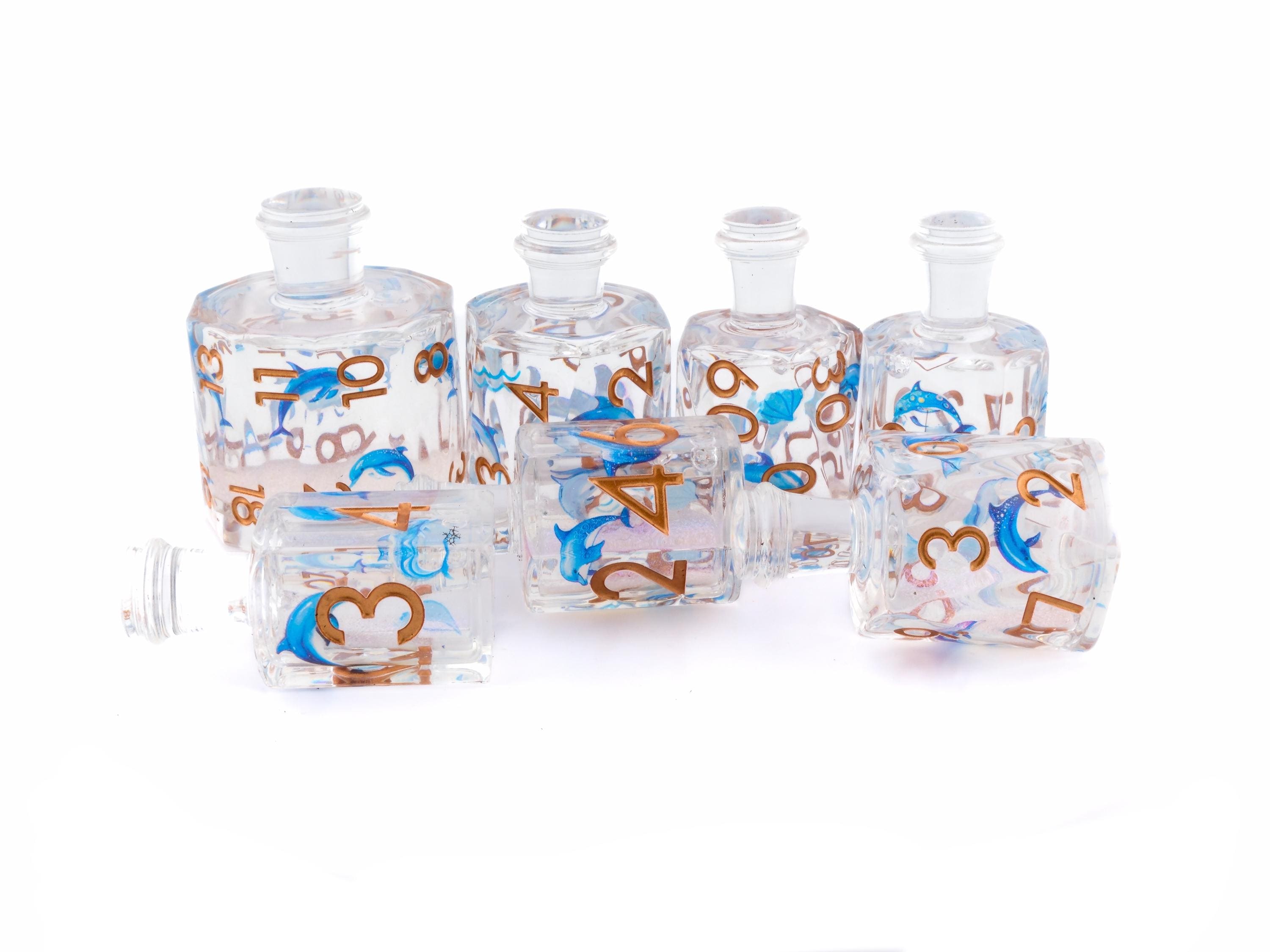 Dolphin Potion Bottle Resin Liquid Core DnD Dice Set: 7-Piece Animal RPG Dice