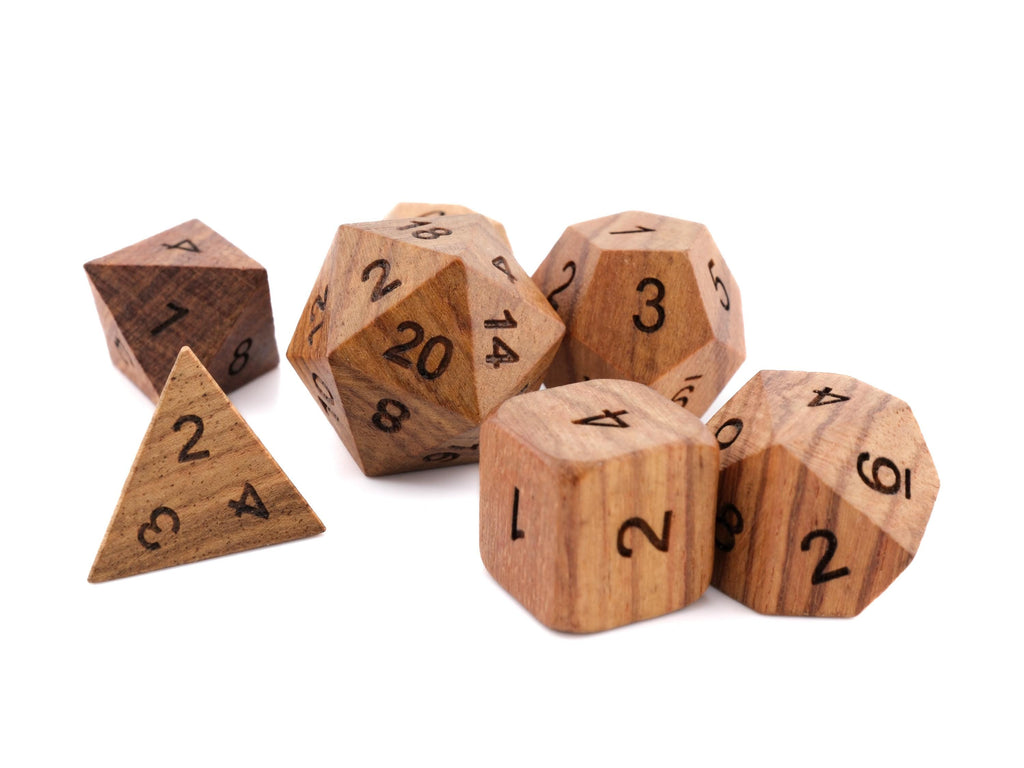 Teak Wood DnD Dice Set: 7 Piece Engraved Numbers RPG Dice