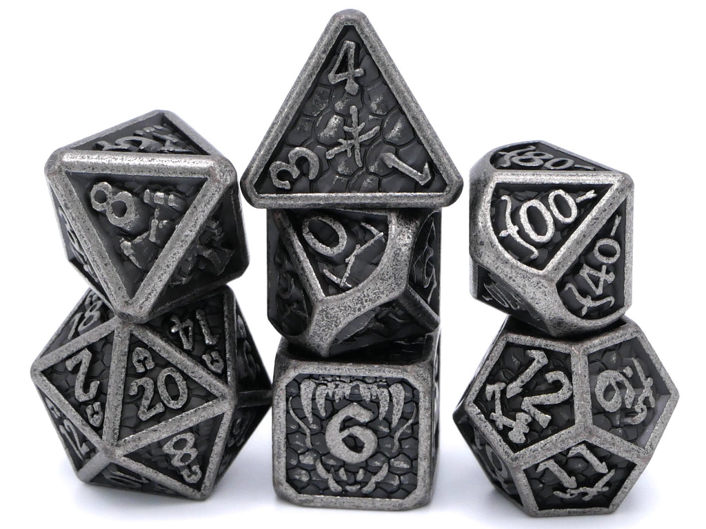 Dragon Forge Metal DnD Dice | 7 Piece RPG Dice Set | Dragon Teeth | Helm and Shield | Dungeons and Dragons | TTRPG | Gamer Gift