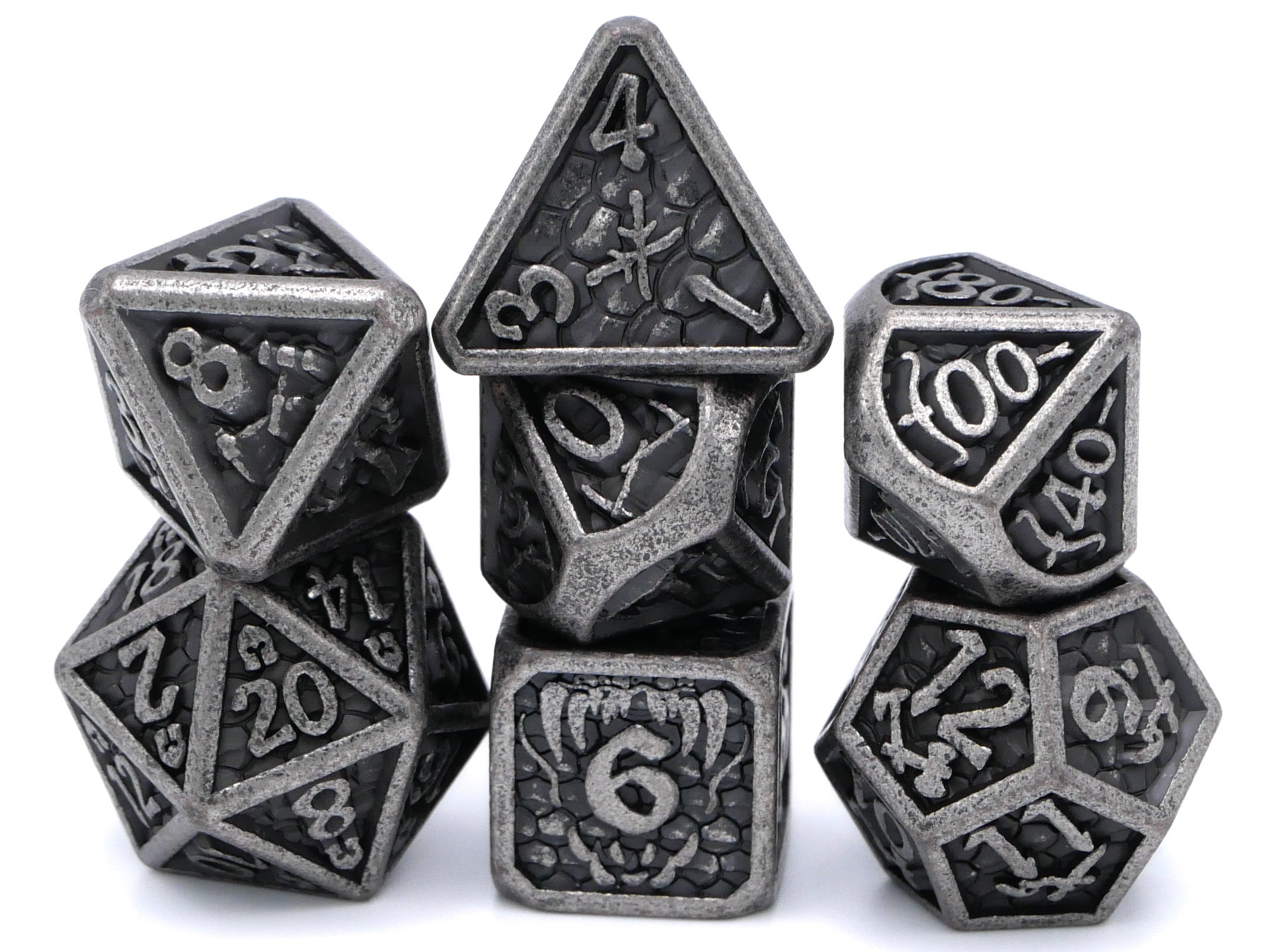 Dragon Forge Metal DnD Dice | 7 Piece RPG Dice Set | Dragon Teeth | Helm and Shield | Dungeons and Dragons | TTRPG | Gamer Gift