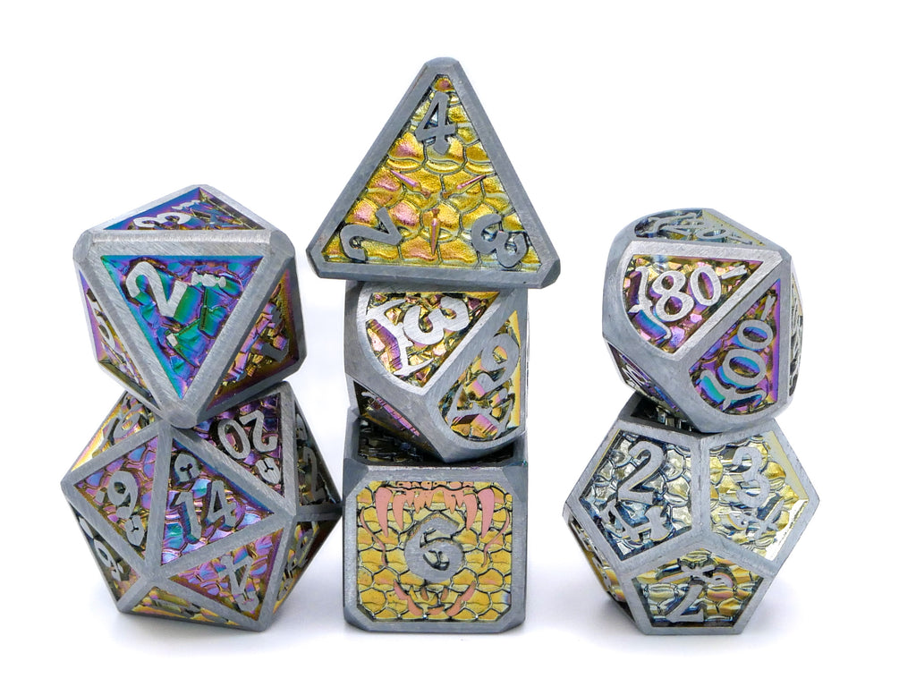 Dragon Forge Metal DnD Dice | 7 Piece RPG Dice Set | Dragon Teeth | Helm and Shield | Dungeons and Dragons | TTRPG | Gamer Gift
