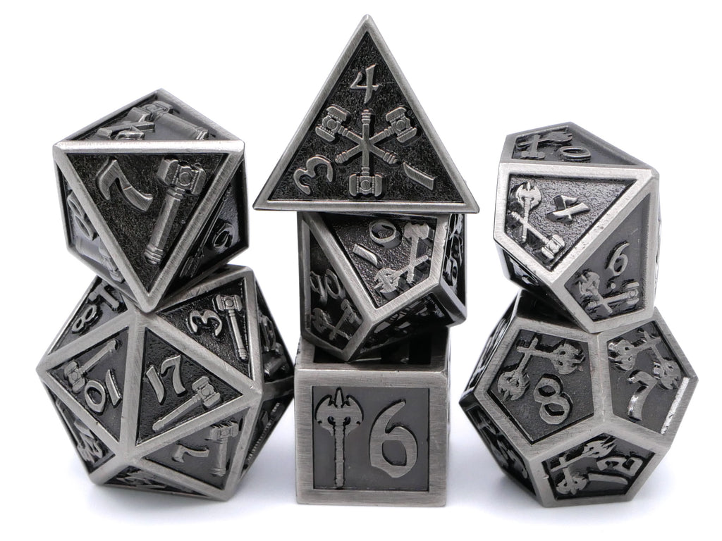 Hammer & Axe Metal DnD Dice Set: 7-Piece Barbarian RPG Dice