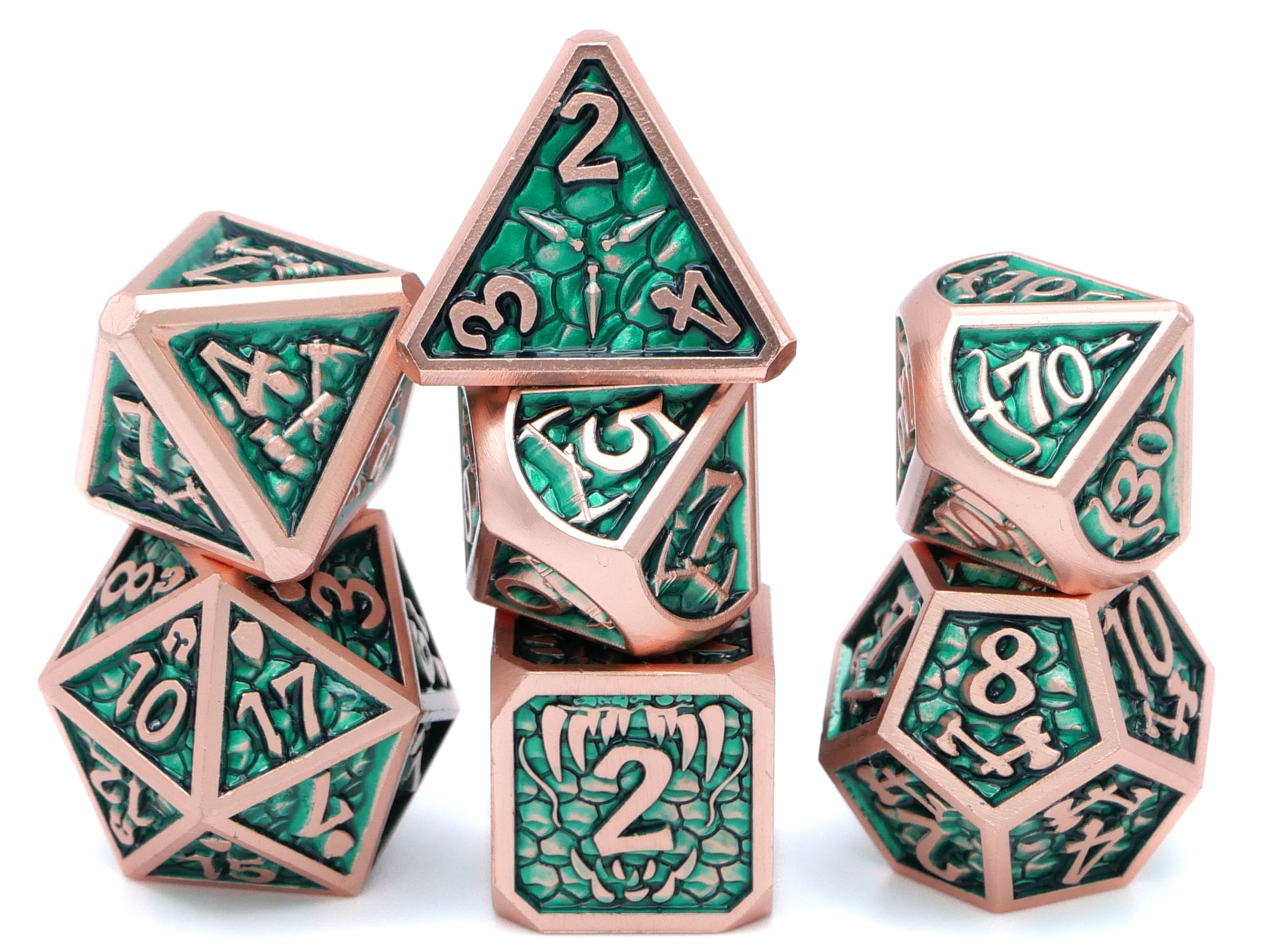 Dragon Forge Metal DnD Dice | 7 Piece RPG Dice Set | Dragon Teeth | Helm and Shield | Dungeons and Dragons | TTRPG | Gamer Gift