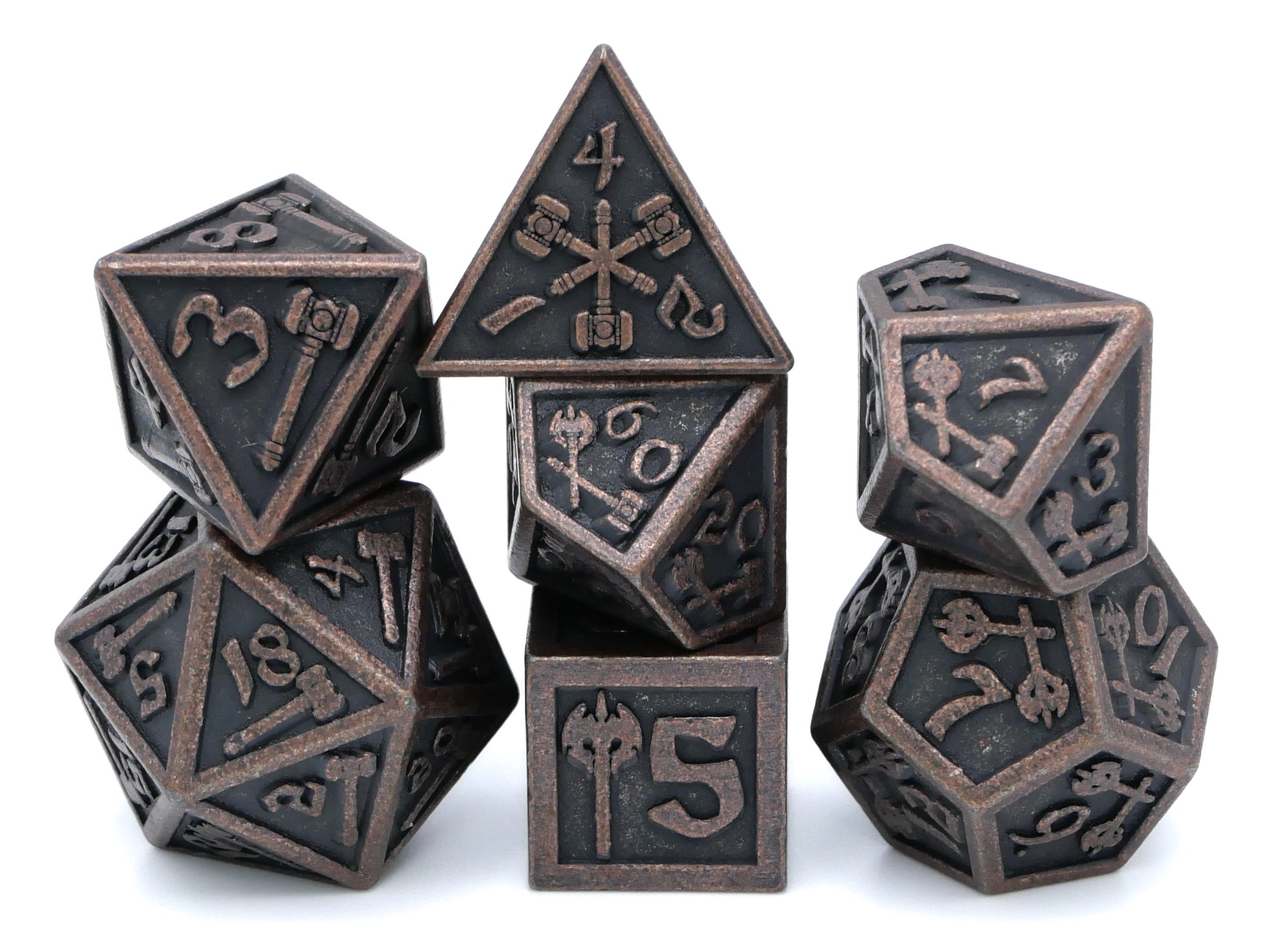 Hammer & Axe Metal DnD Dice Set: 7-Piece Barbarian RPG Dice