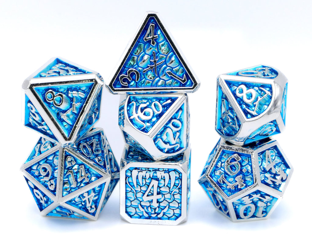 Dragon Forge Metal DnD Dice | 7 Piece RPG Dice Set | Dragon Teeth | Helm and Shield | Dungeons and Dragons | TTRPG | Gamer Gift