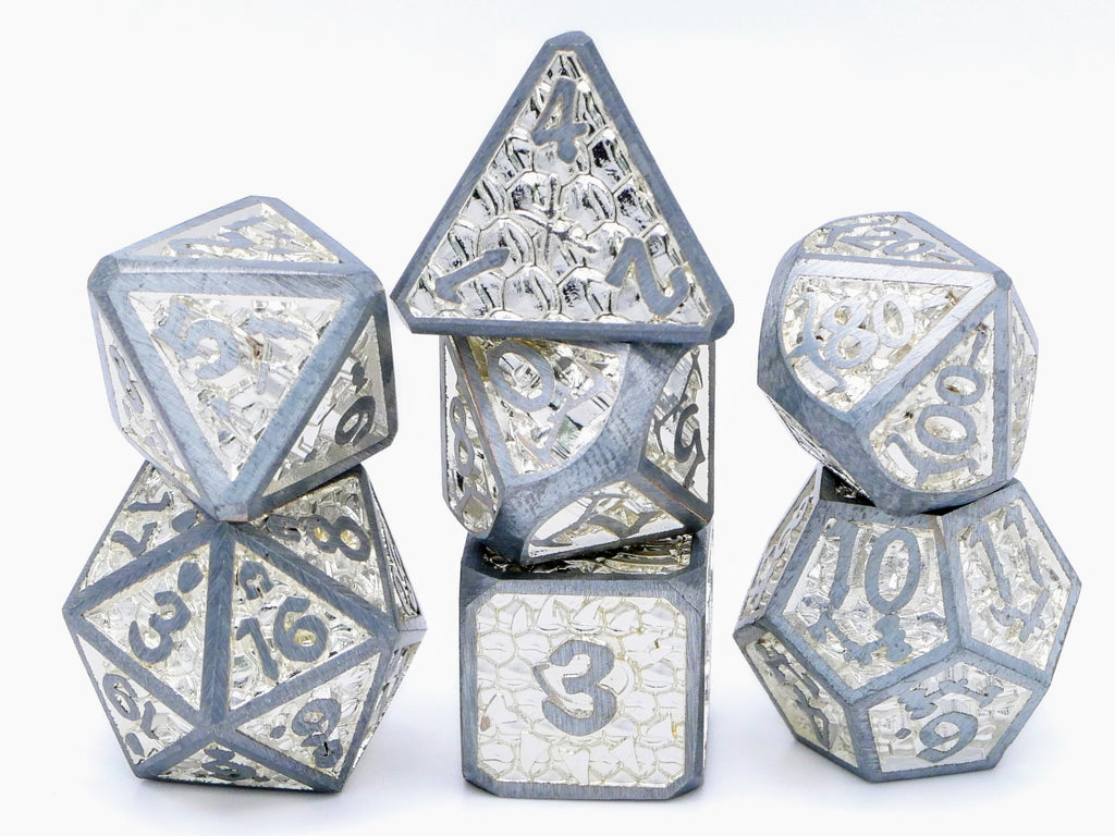 Dragon Forge Metal DnD Dice | 7 Piece RPG Dice Set | Dragon Teeth | Helm and Shield | Dungeons and Dragons | TTRPG | Gamer Gift
