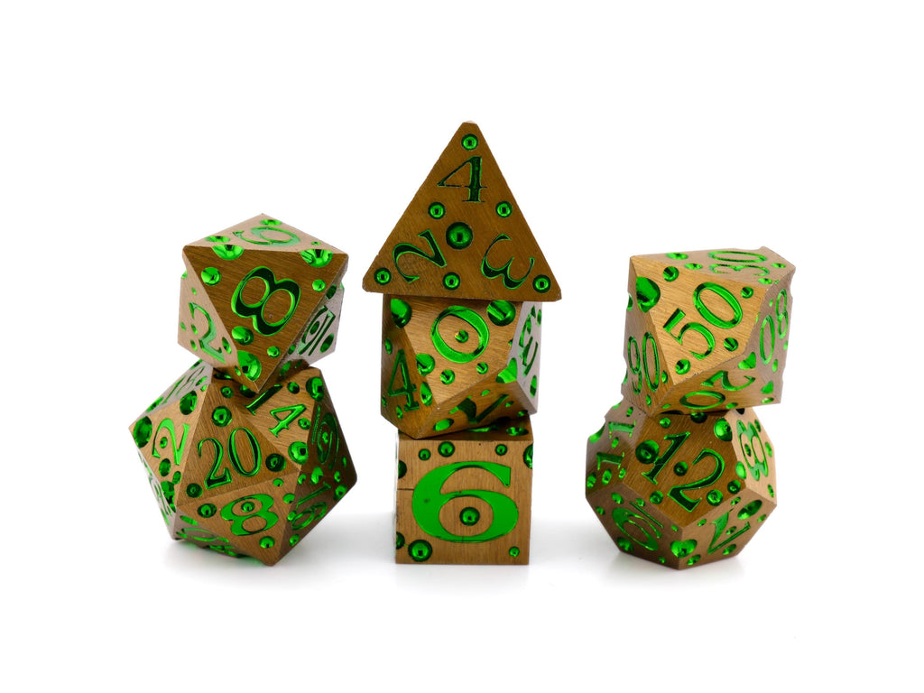 Cheese Metal DnD Dice Set | 7 Piece RPG Dice | Cheese Wheel Dice | Swiss Cheese Dice | Food Dice | Dungeons & Dragons | TTRPG | Gamer Gift