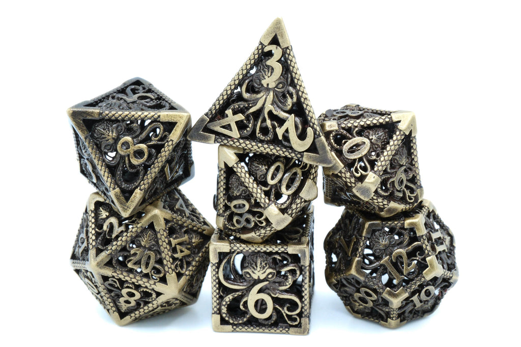 Octopus Hollow Metal DnD Dice Set: 7-Piece Oceanic Cthulhu RPG Dice