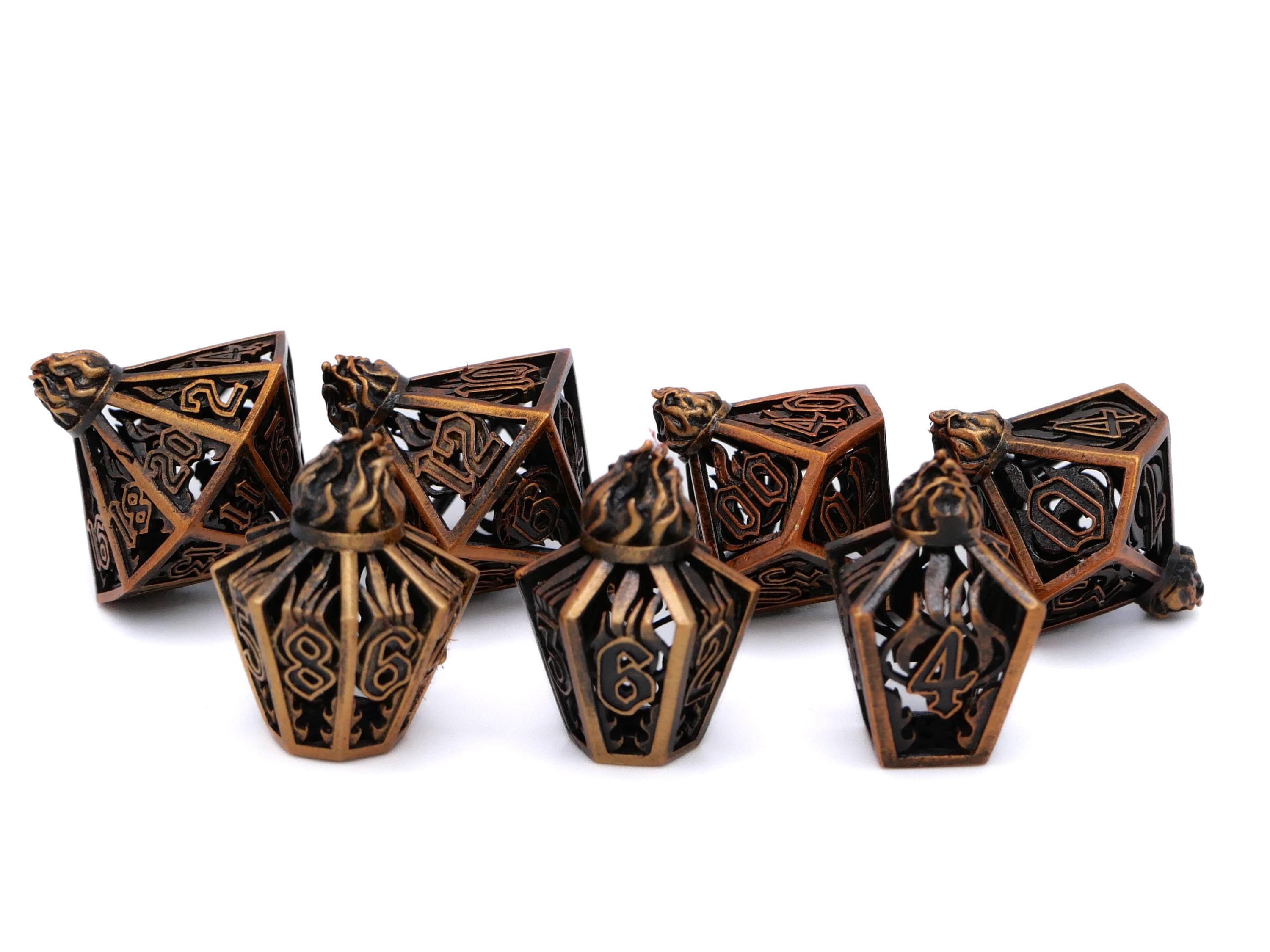 Flame Bottle Hollow Metal DnD Dice Set: 7 Piece Lantern RPG Dice