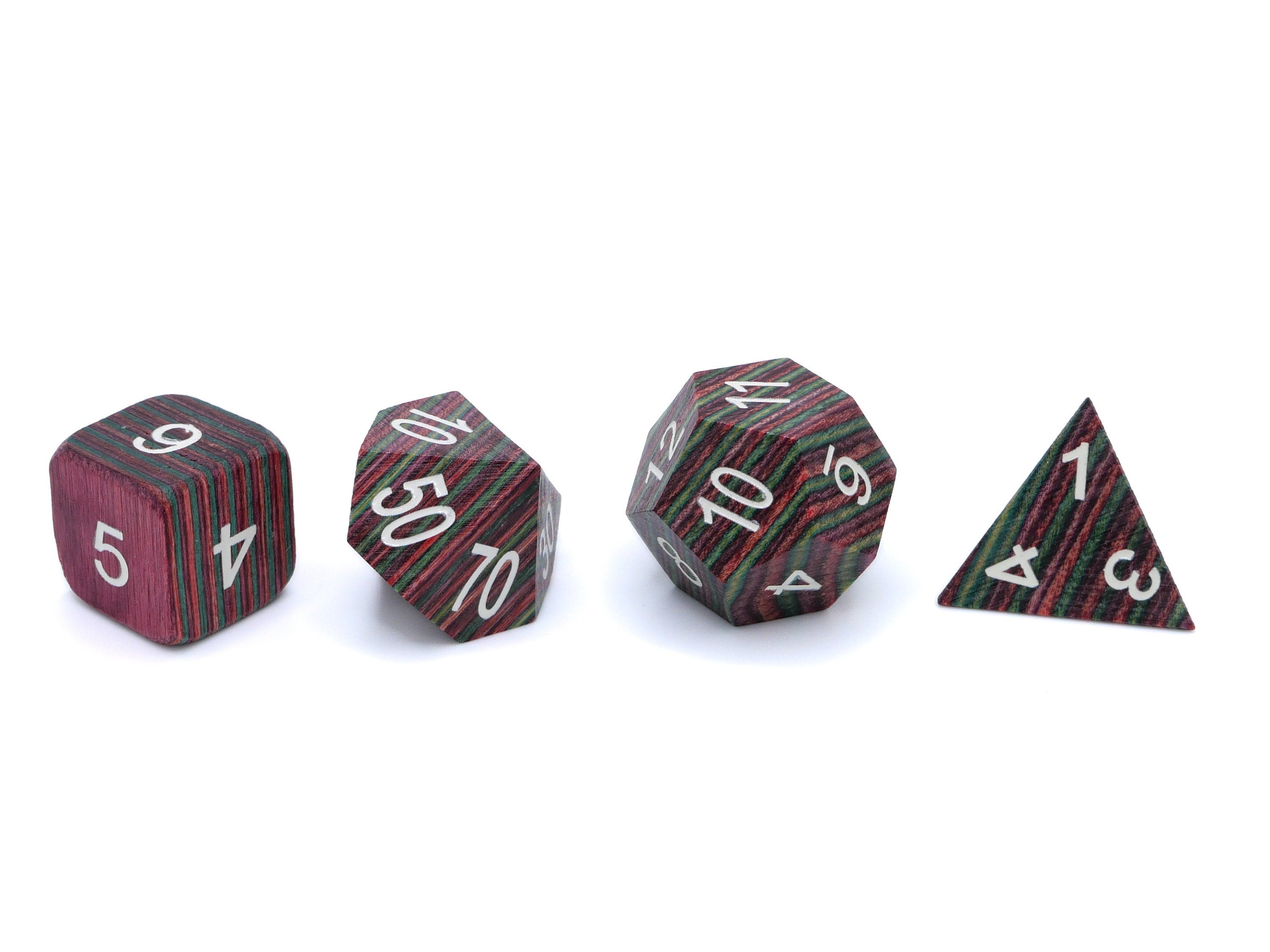 Rainbow Wood DnD Dice Set: 7 Piece Painted Numbers RPG Dice