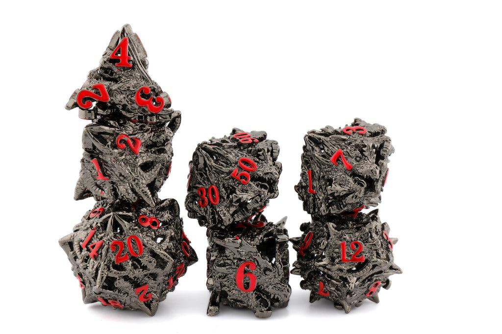 Carved Dragon Head Metal DnD Dice Set - 7-Piece Wyvern RPG Dice