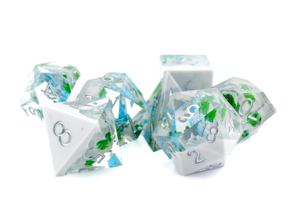 Mountain Waterfall Resin Sharp Edge DnD Dice Set: 7-Piece Nature RPG Dice