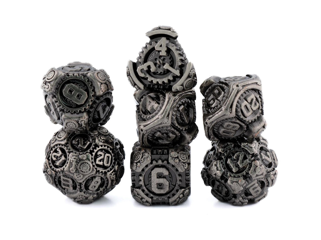 Steampunk Gear Metal DnD Dice Set: 7 Piece Mechanical RPG Dice
