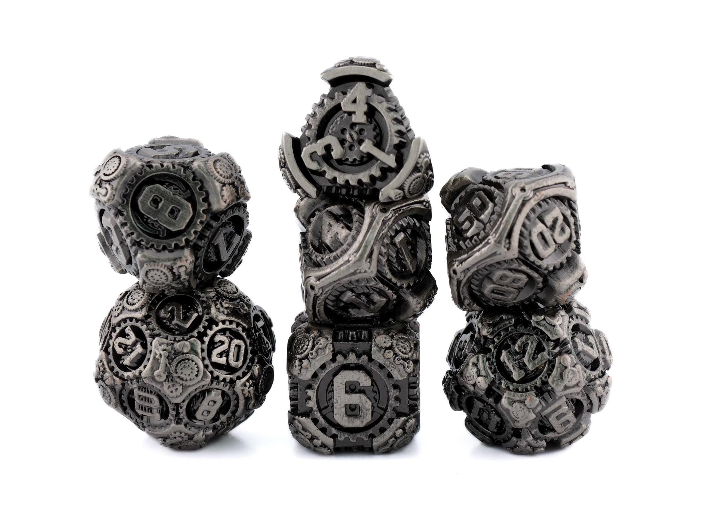 Steampunk Gear Metal DnD Dice Set: 7 Piece Mechanical RPG Dice