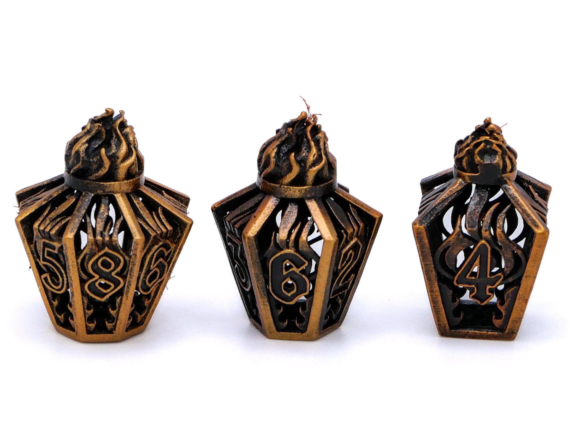 Flame Bottle Hollow Metal DnD Dice Set: 7 Piece Lantern RPG Dice