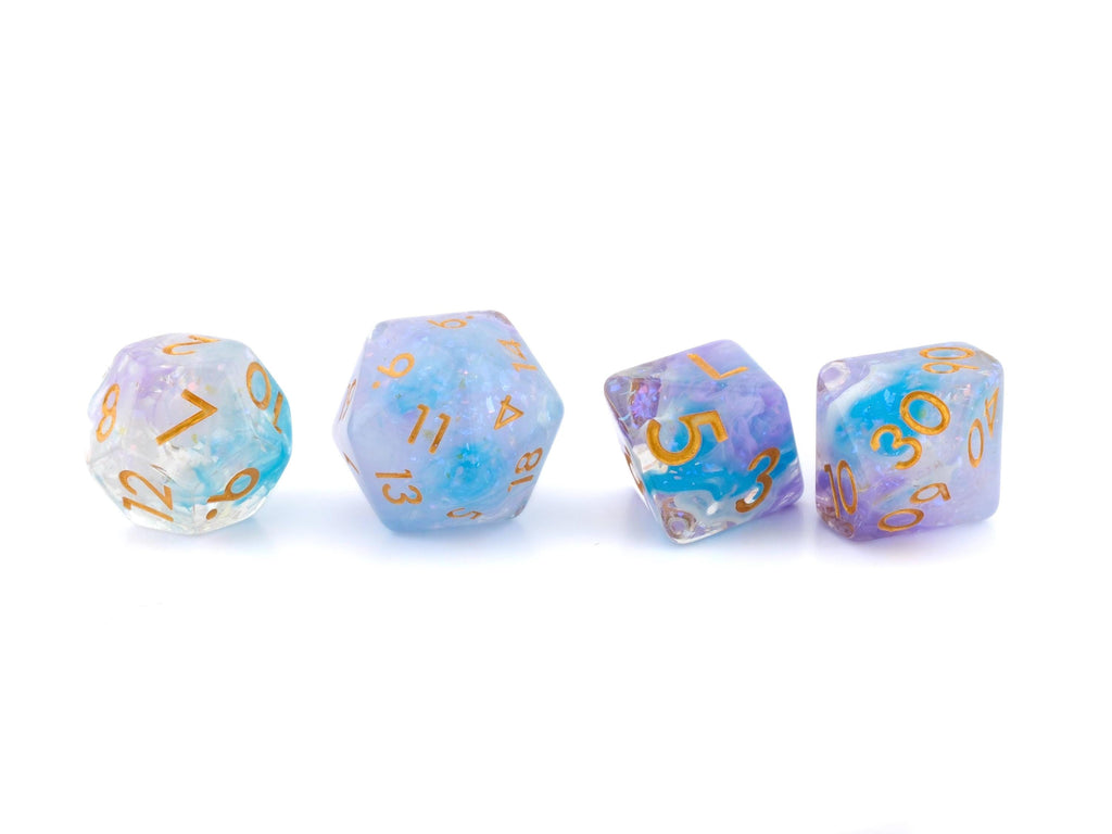 Witches Brew Resin DnD Dice Set: 7 Piece Glitter, Gold Numbers RPG Dice