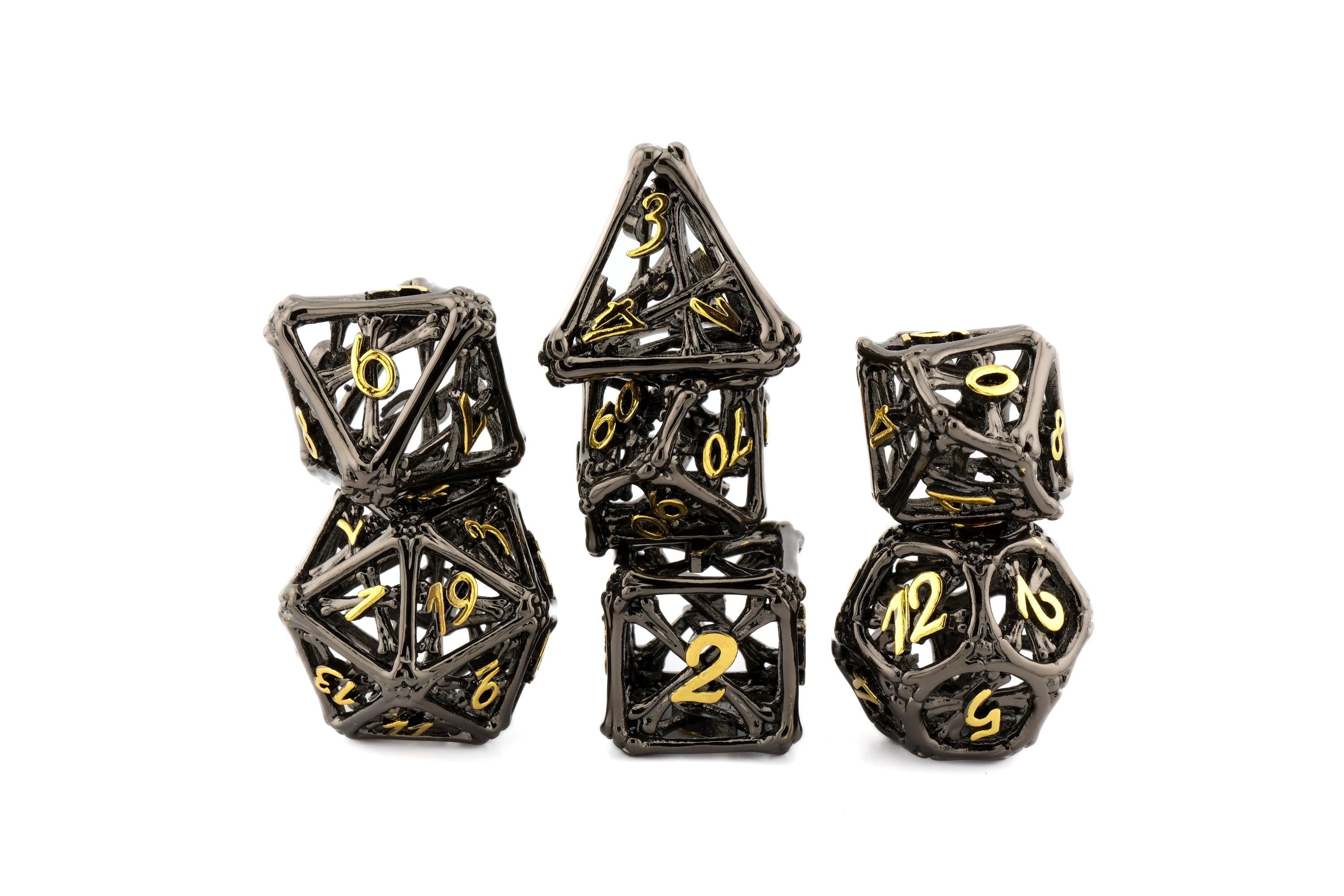 Graveyard Bones Metal Hollow DnD Dice Set: 7 Piece Skeletal Themed RPG Dice