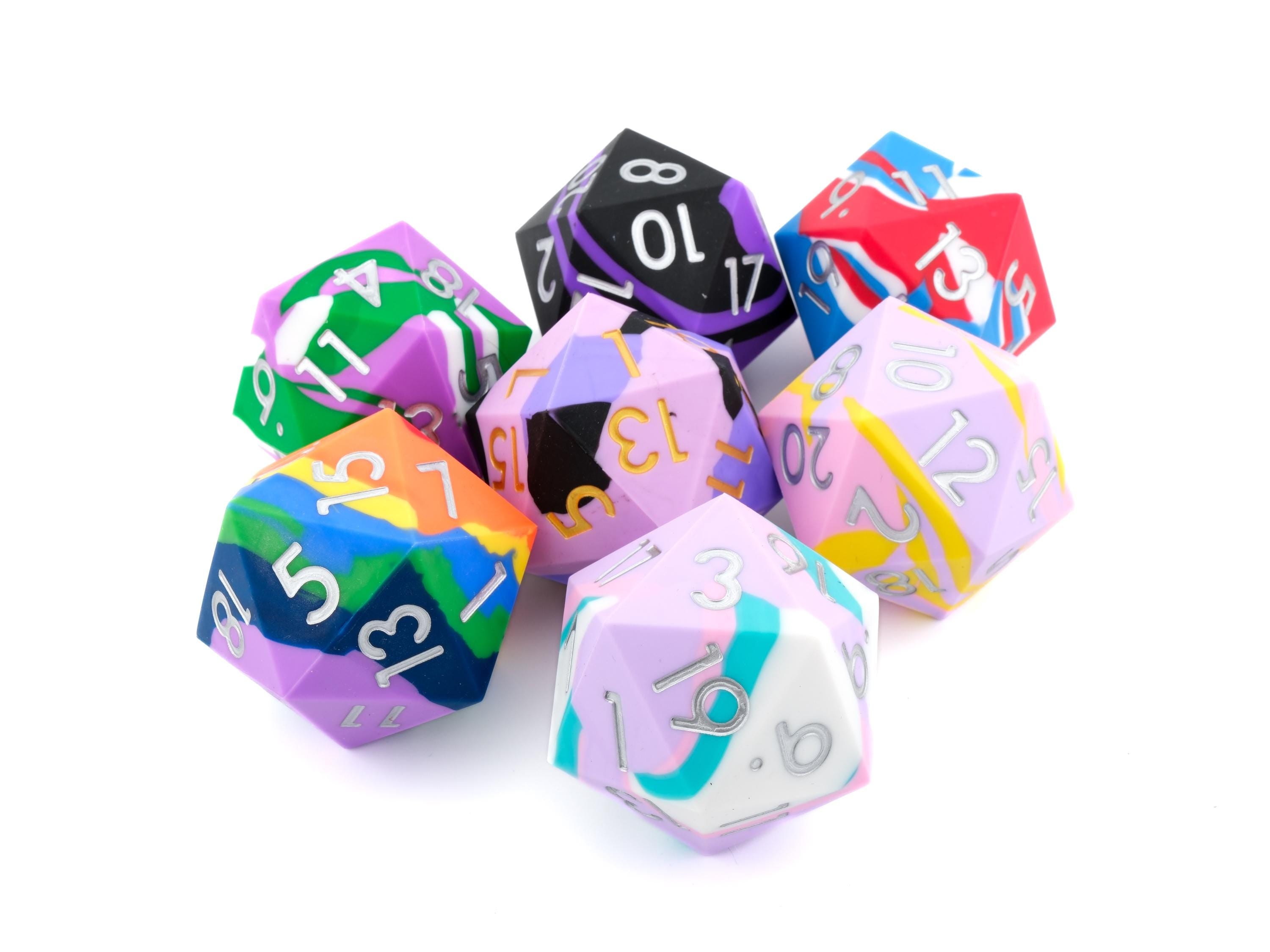 Mystery DnD Dice Set: Resin, Metal, Silicone, 7 Piece, Large D20 RPG Dice