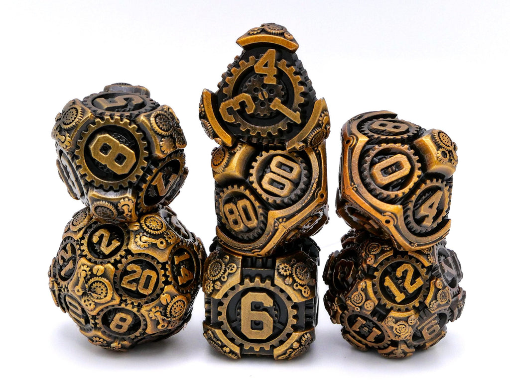 Steampunk Gear Metal DnD Dice Set: 7 Piece Mechanical RPG Dice