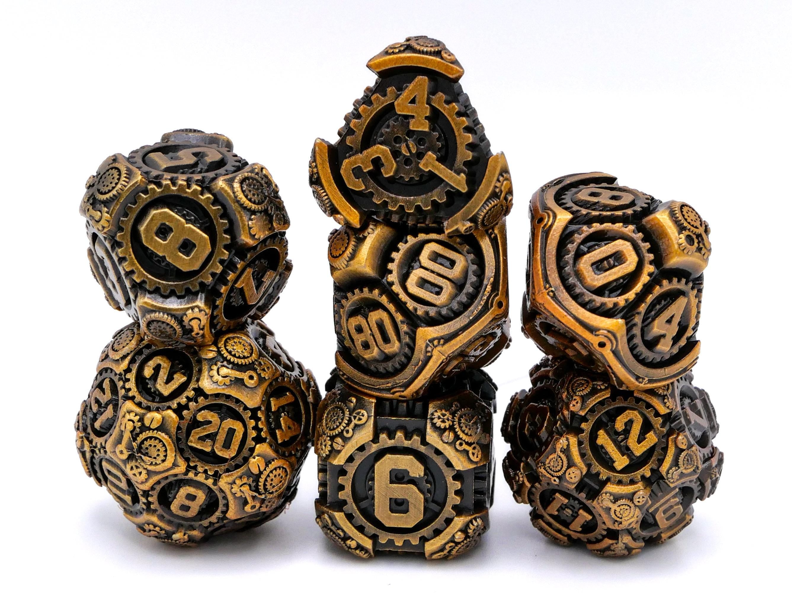 Steampunk Gear Metal DnD Dice Set: 7 Piece Mechanical RPG Dice