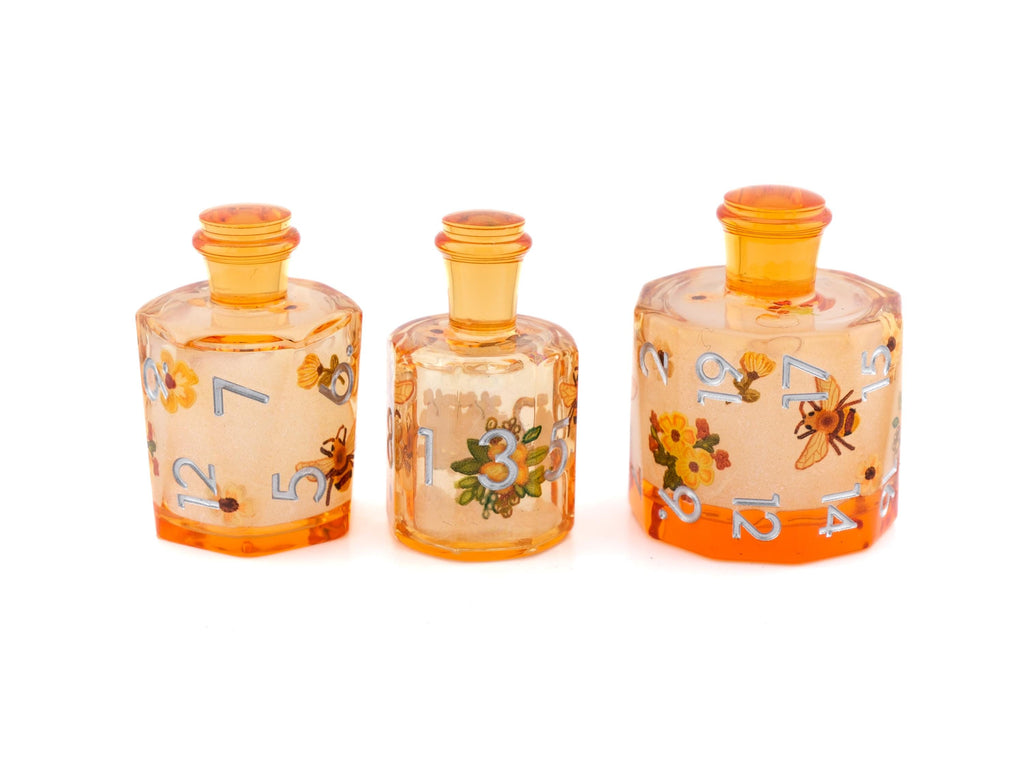 Honey Bee Potion Bottle Resin Liquid Core DnD Dice Set: 7-Piece RPG Dice