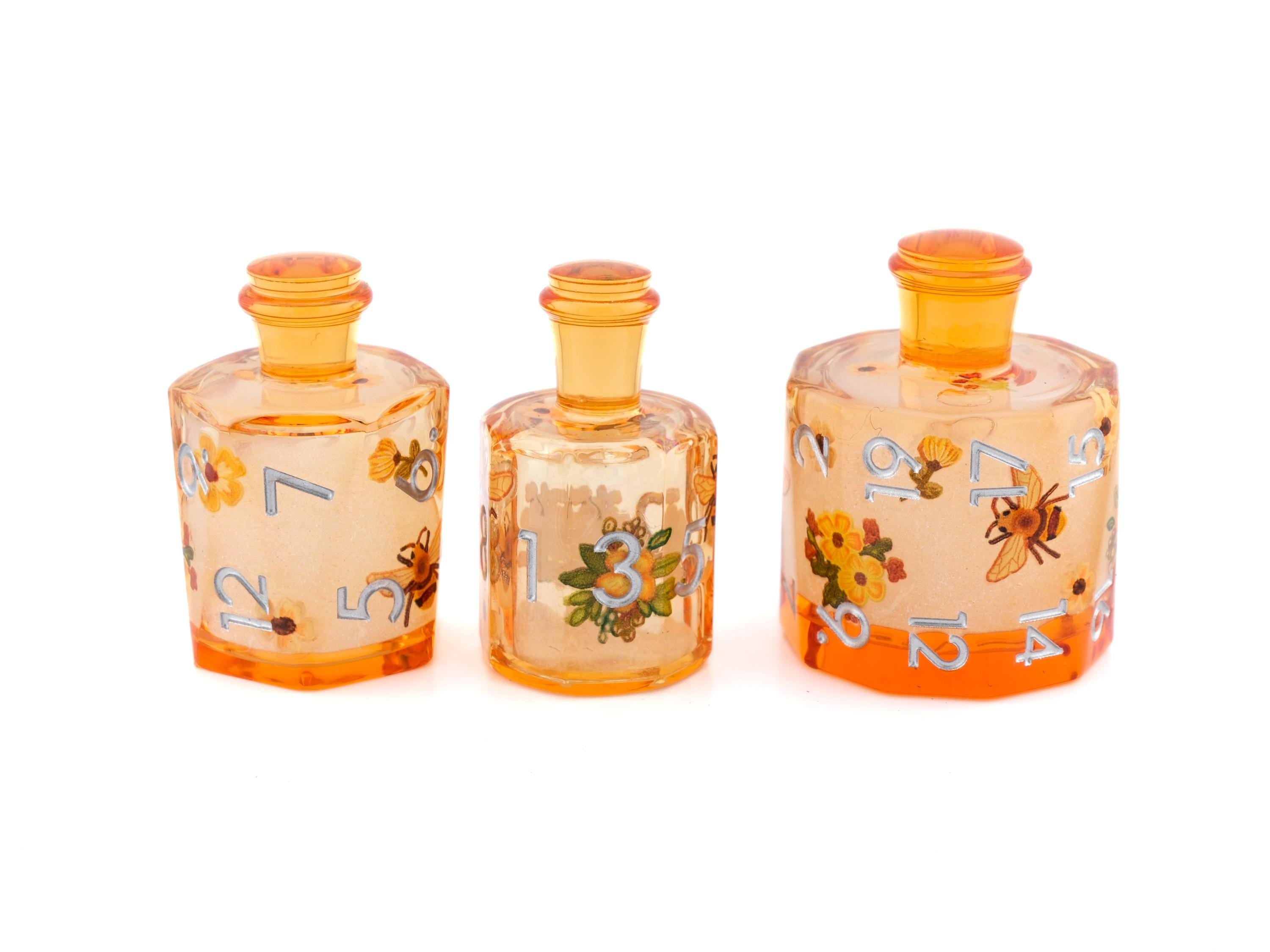 Honey Bee Potion Bottle Resin Liquid Core DnD Dice Set: 7-Piece RPG Dice