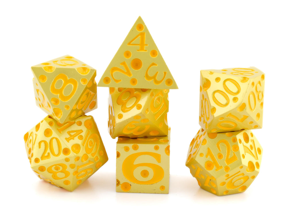 Cheese Metal DnD Dice Set | 7 Piece RPG Dice | Cheese Wheel Dice | Swiss Cheese Dice | Food Dice | Dungeons & Dragons | TTRPG | Gamer Gift
