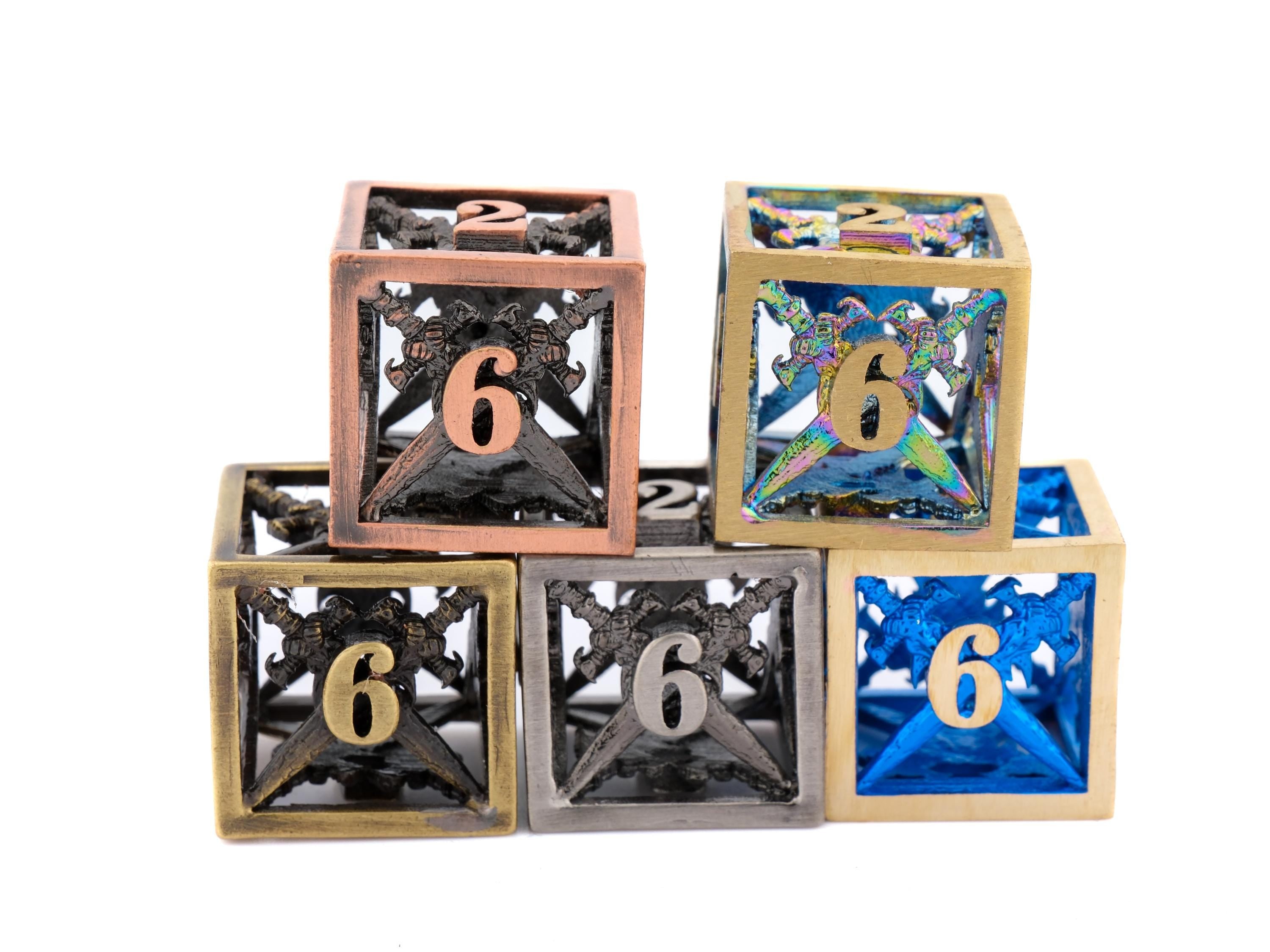Dueling Blades Hollow Metal DnD Dice Set: 7 Piece Crossed Swords RPG Dice