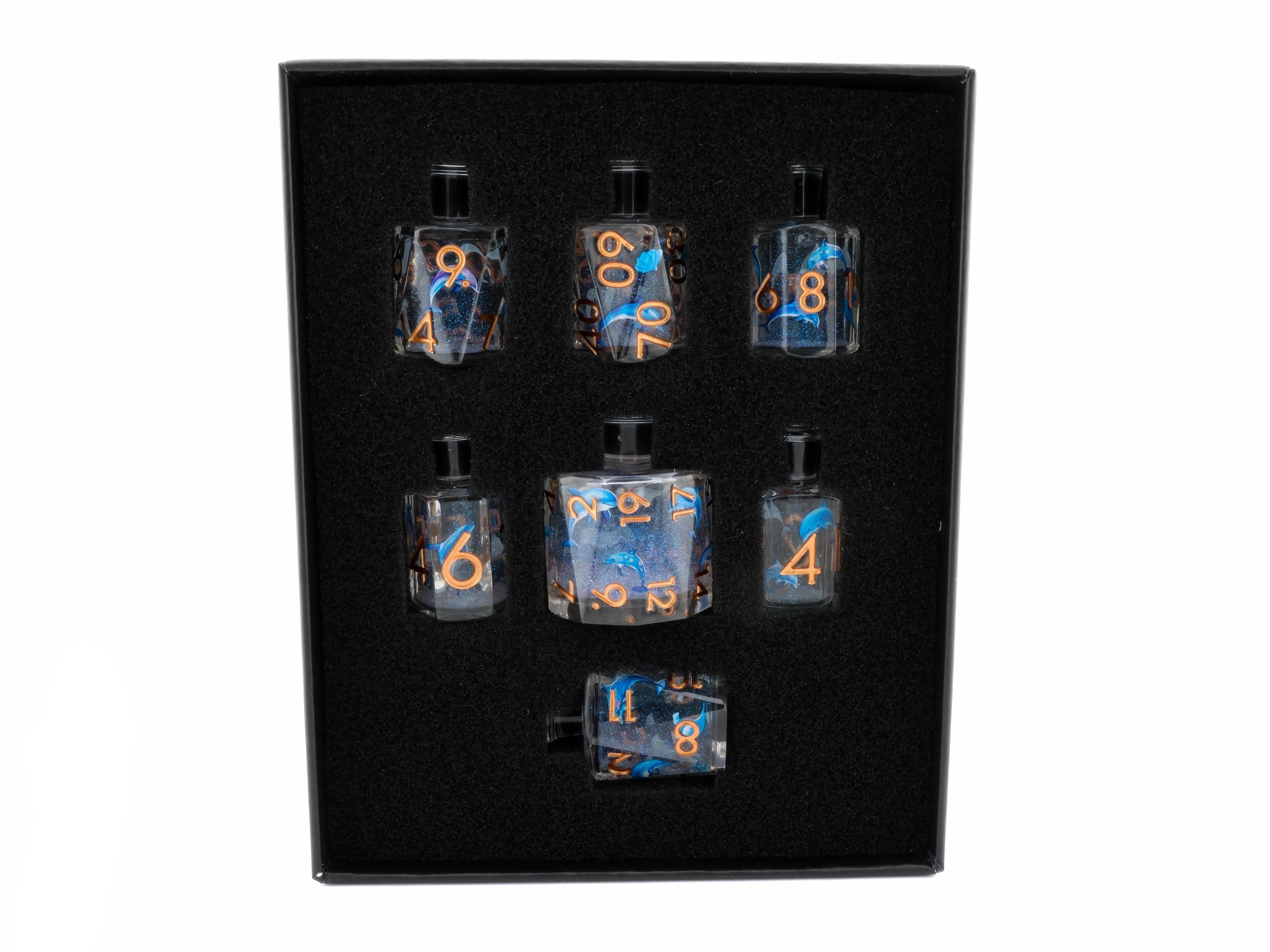Dolphin Potion Bottle Resin Liquid Core DnD Dice Set: 7-Piece Animal RPG Dice