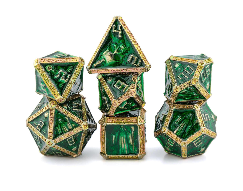Cleric Metal DnD Dice Set: 7 Piece Skulls and Holy Symbols RPG Dice