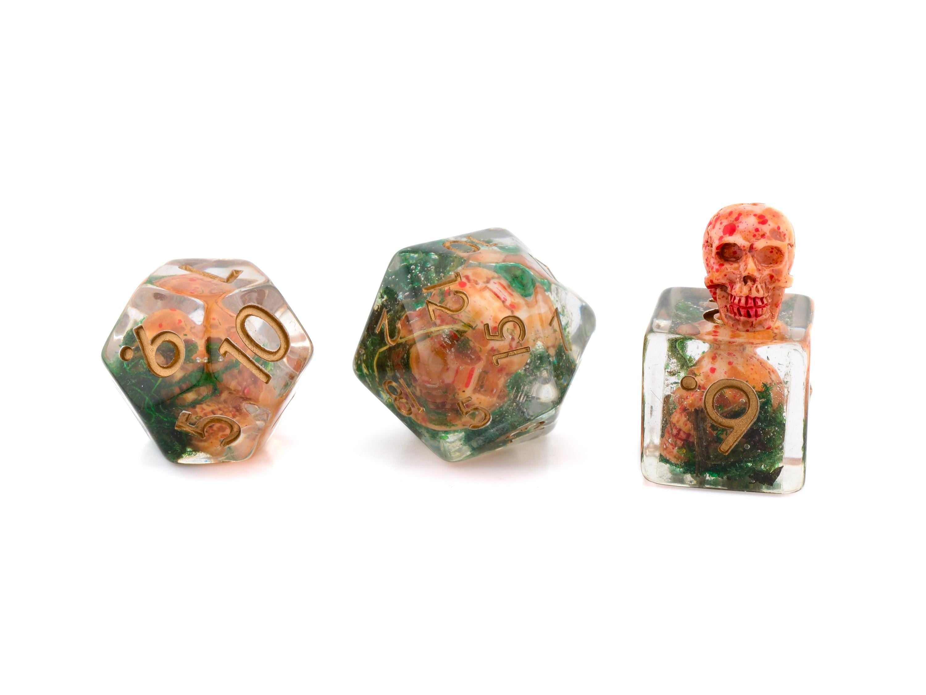 Bloody Skull Resin DnD Dice Set: 7 Piece Mossy Bone  RPG Dice