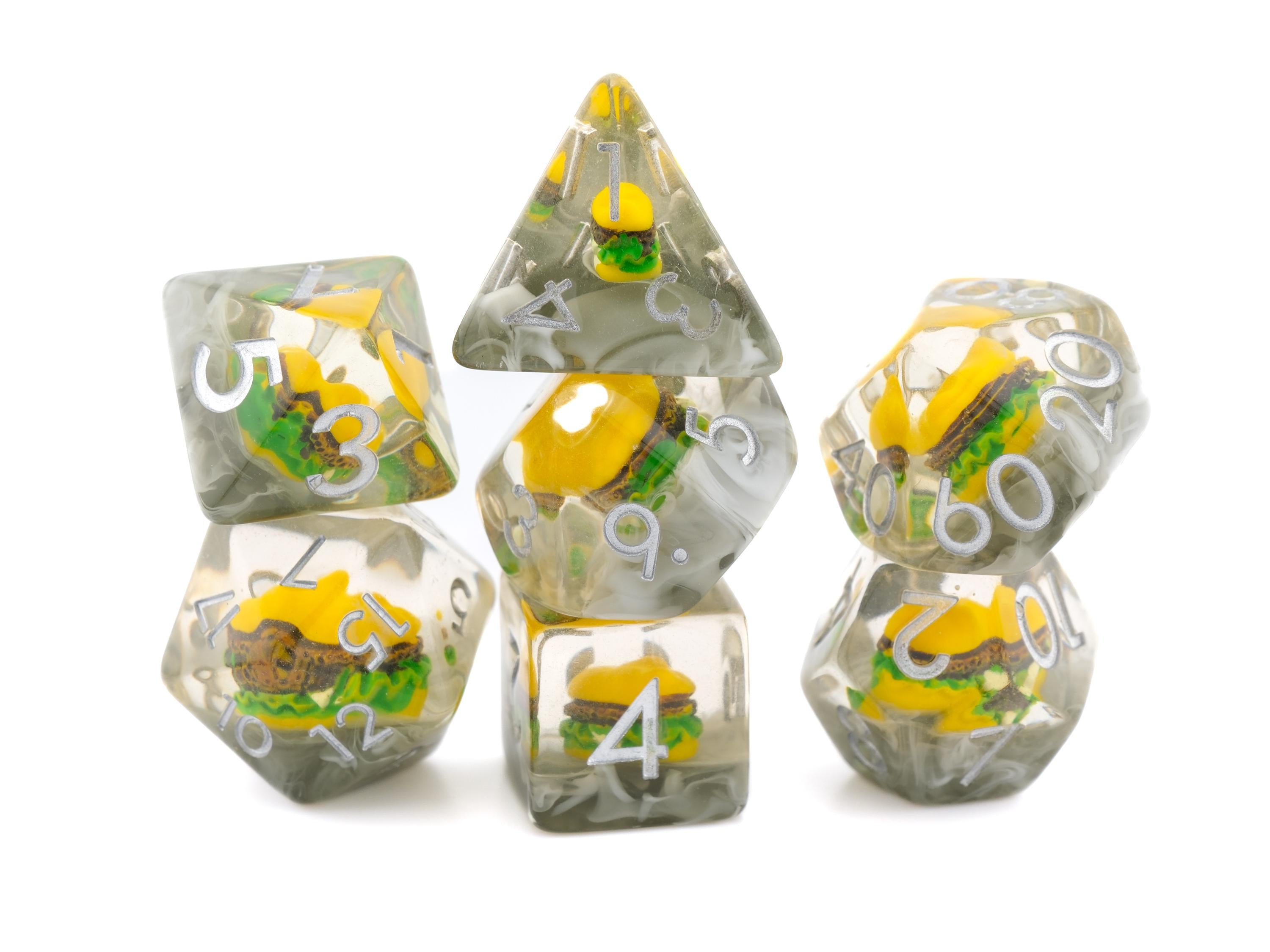Burger Resin DnD Dice Set: 7 Piece Sandwich RPG Dice