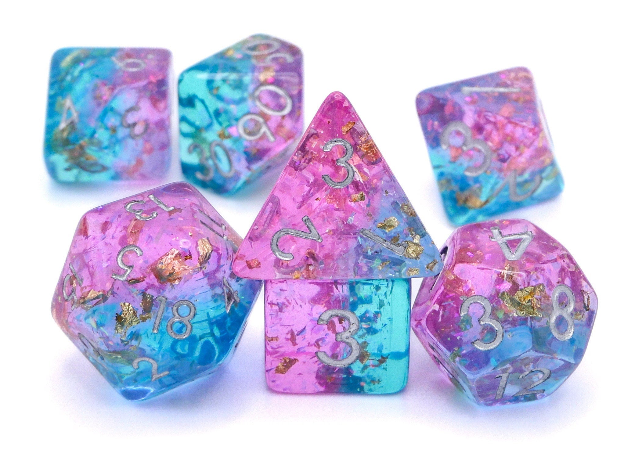 Cosmic Pink and Blue Resin DnD Dice Set: Gold Leaf Foil RPG Dice