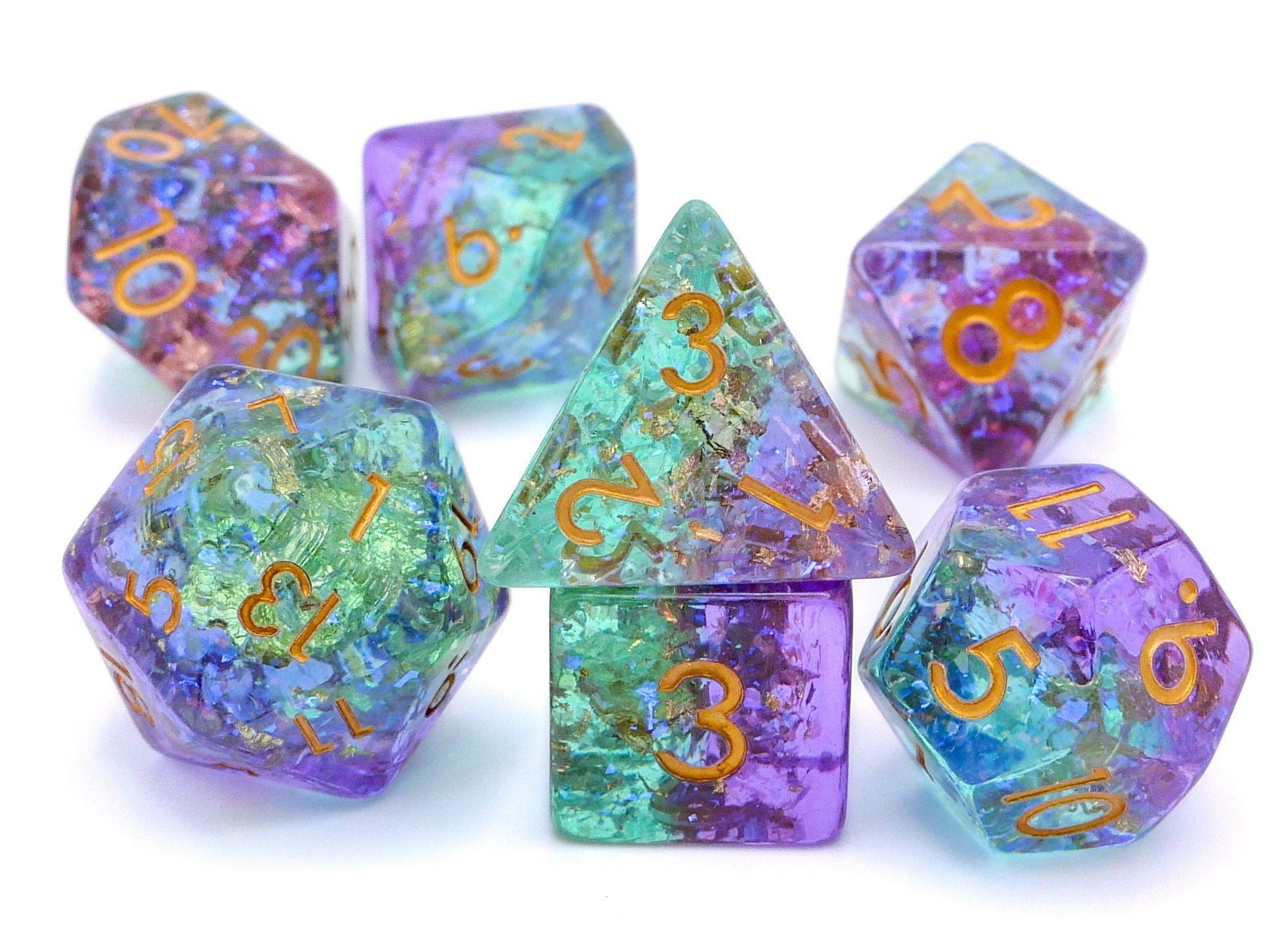 Fairy Green & Purple Dnd Dice Set: Gold Leaf Glitter RPG Dice
