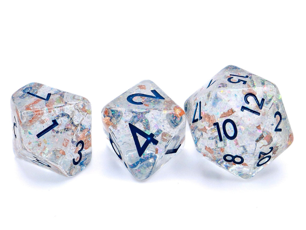Star Cluster Resin DnD Dice Set: 7 Piece Copper Foil Glitter RPG Dice