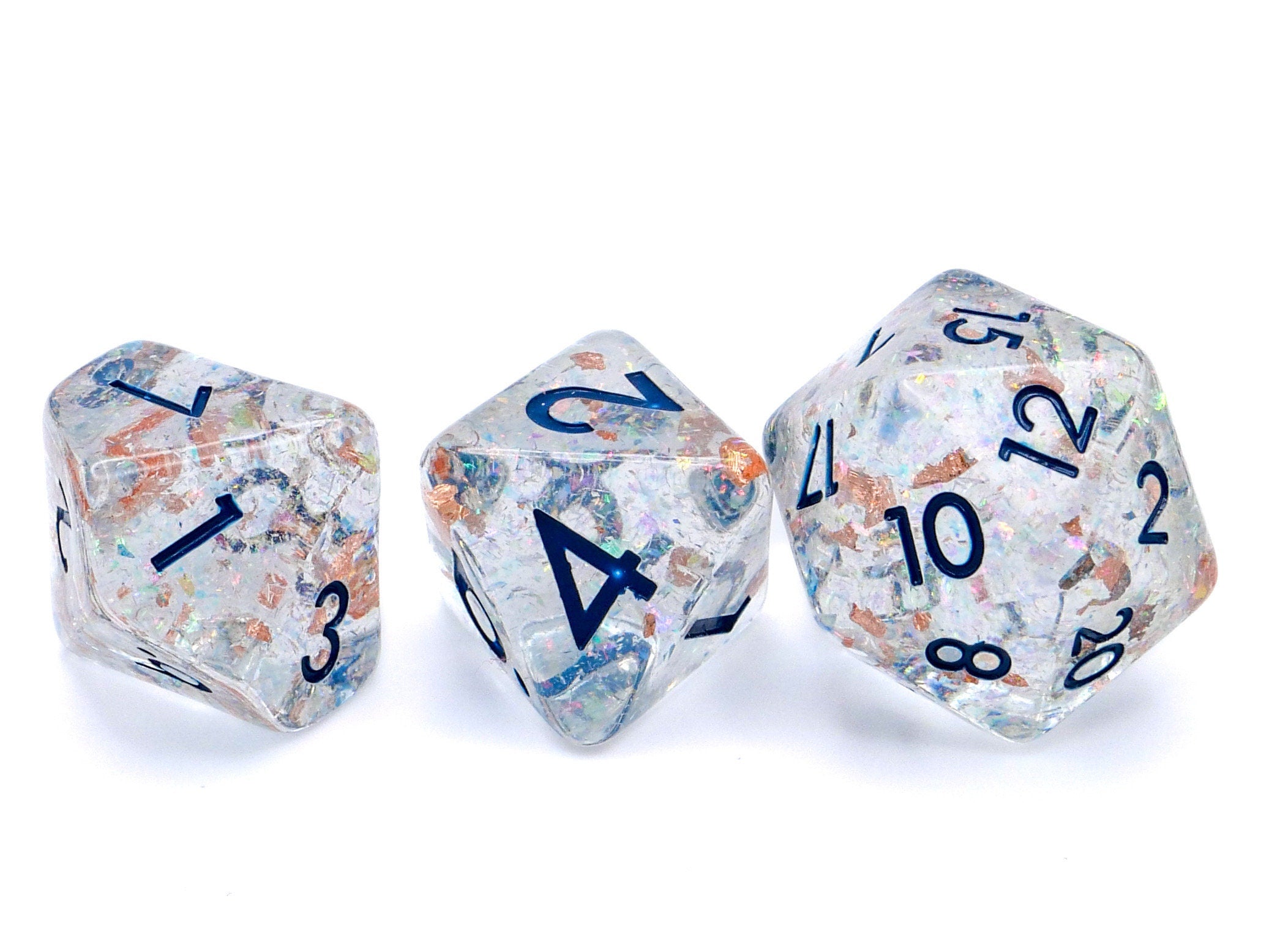 Star Cluster Resin DnD Dice Set: 7 Piece Copper Foil Glitter RPG Dice
